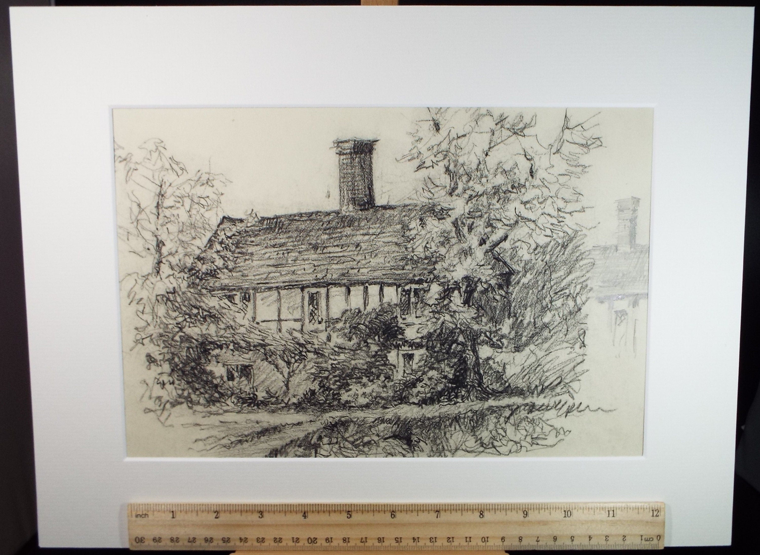Original Charcoal drawing, 'mistletoe Farm, Eastcote', 1960's, R.A Andew-Jones