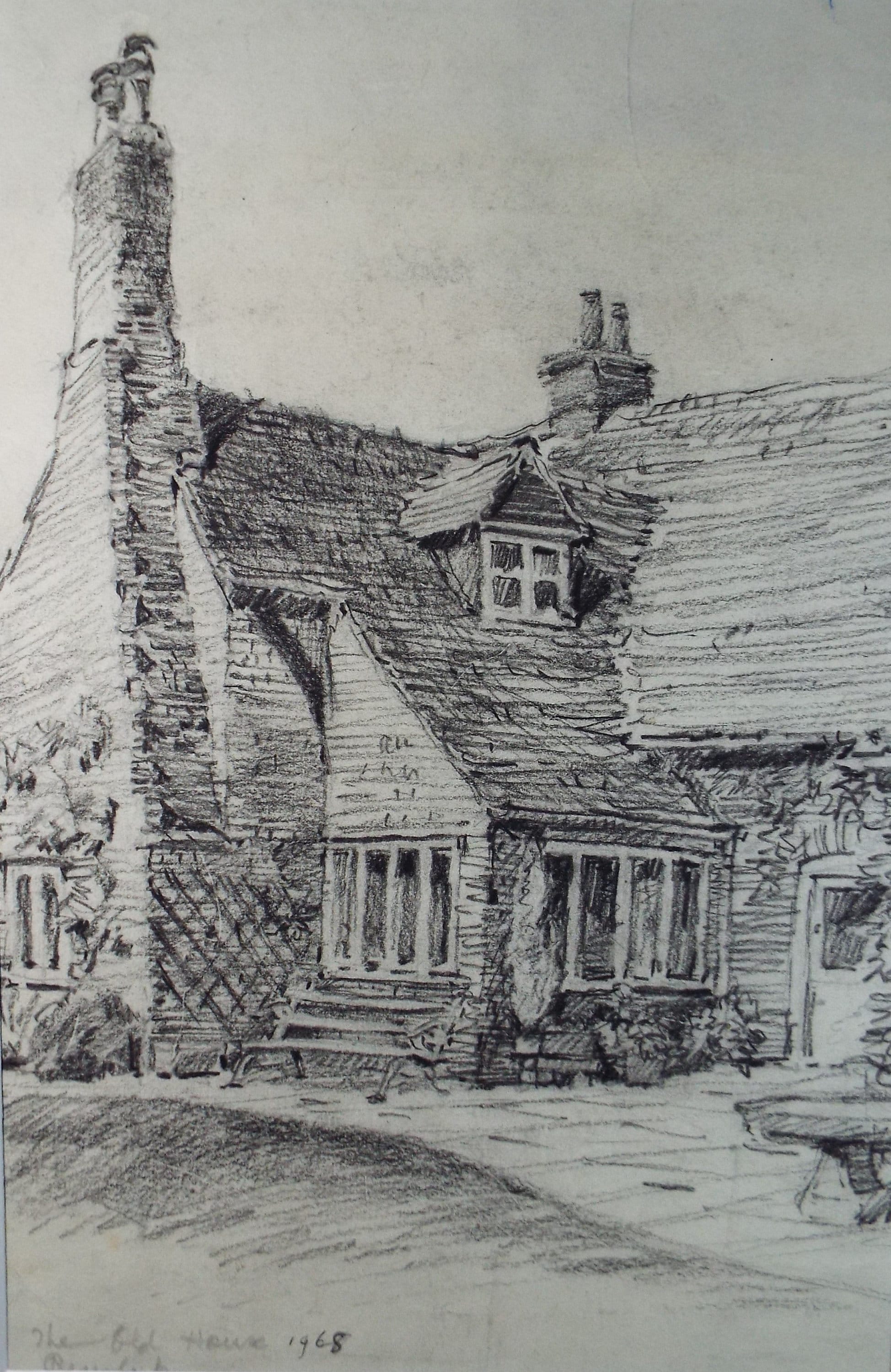 Original Charcoal drawing, 'Country Cottage', dated 1968, R.A Andew-Jones