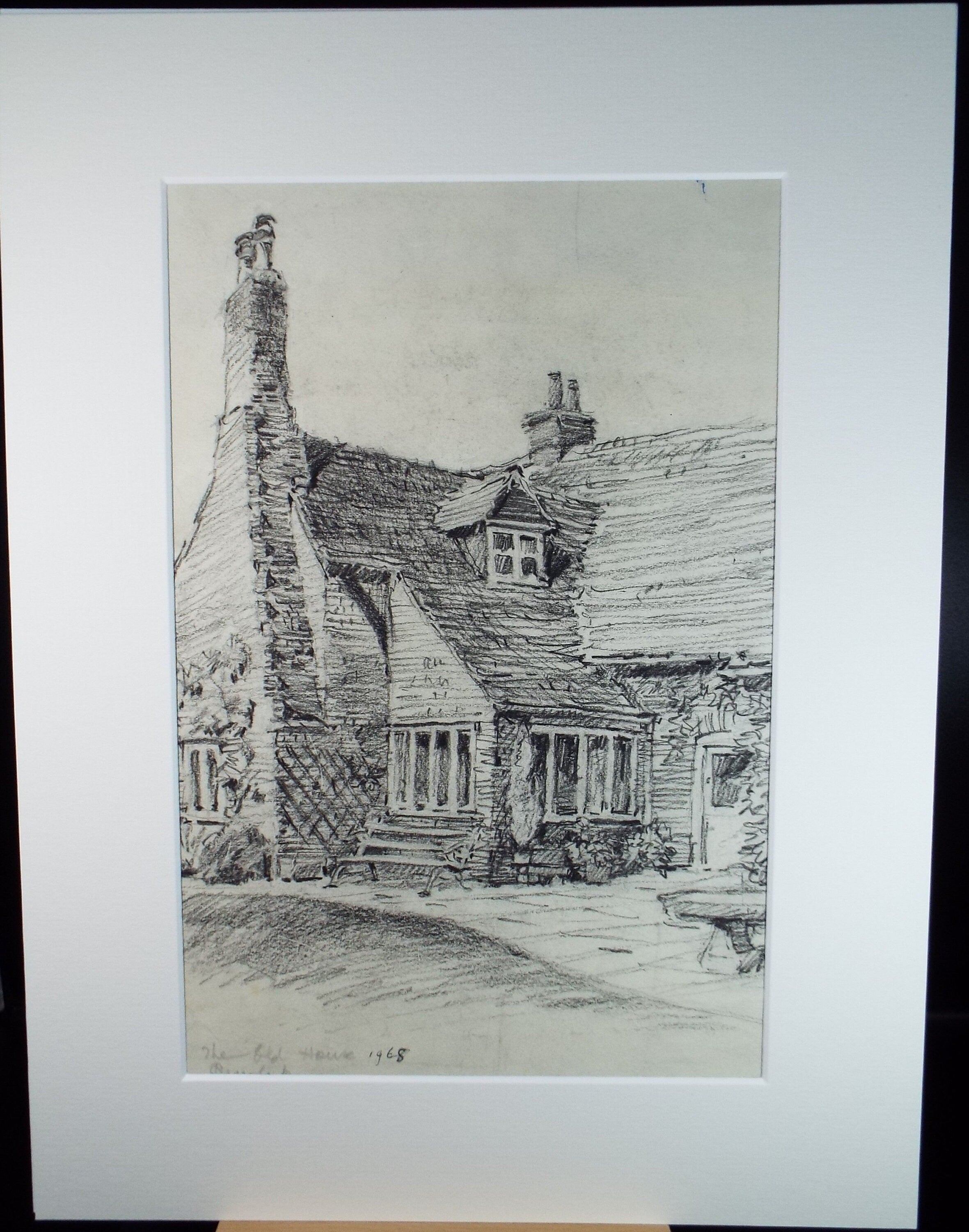 Original Charcoal drawing, 'Country Cottage', dated 1968, R.A Andew-Jones
