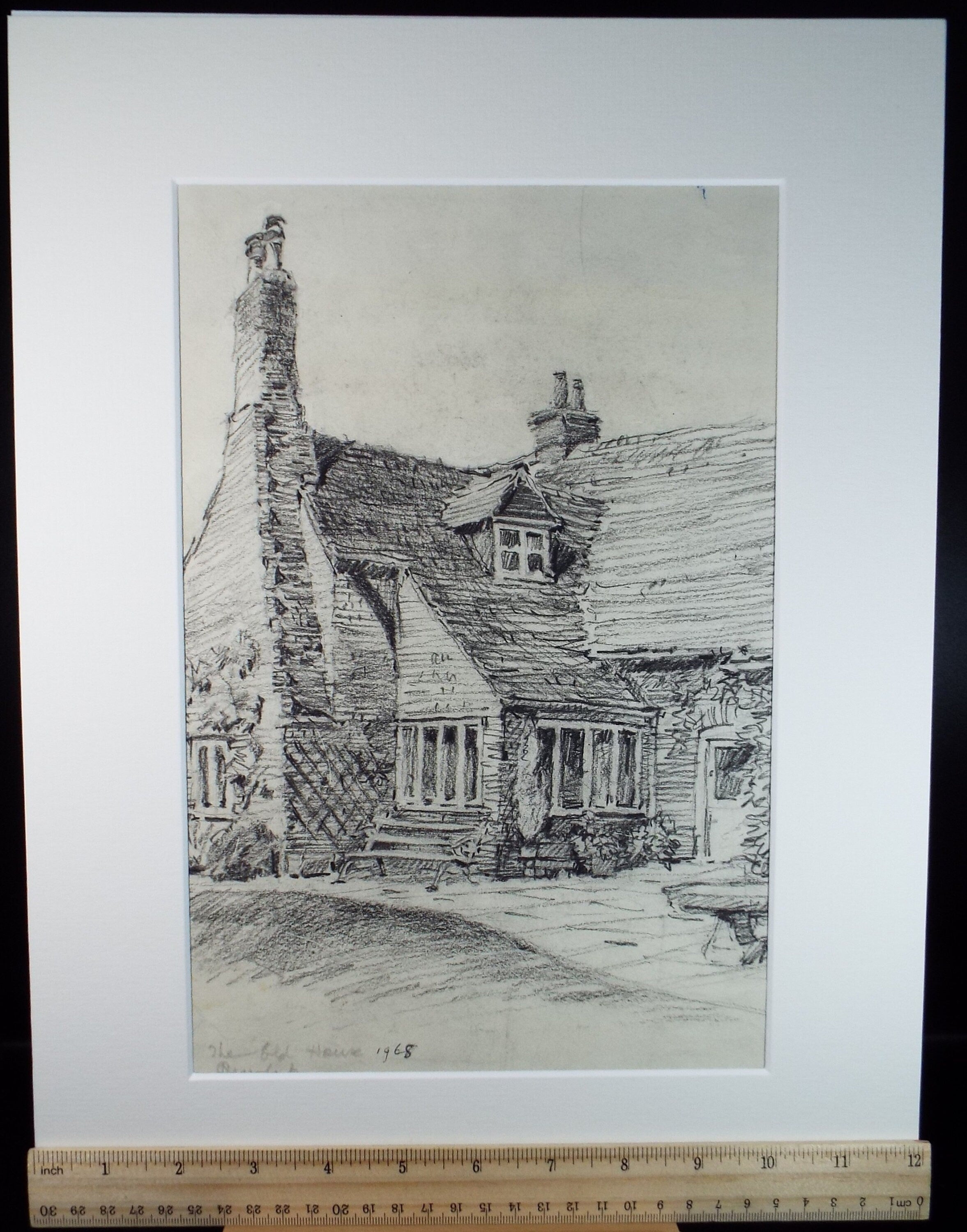 Original Charcoal drawing, 'Country Cottage', dated 1968, R.A Andew-Jones