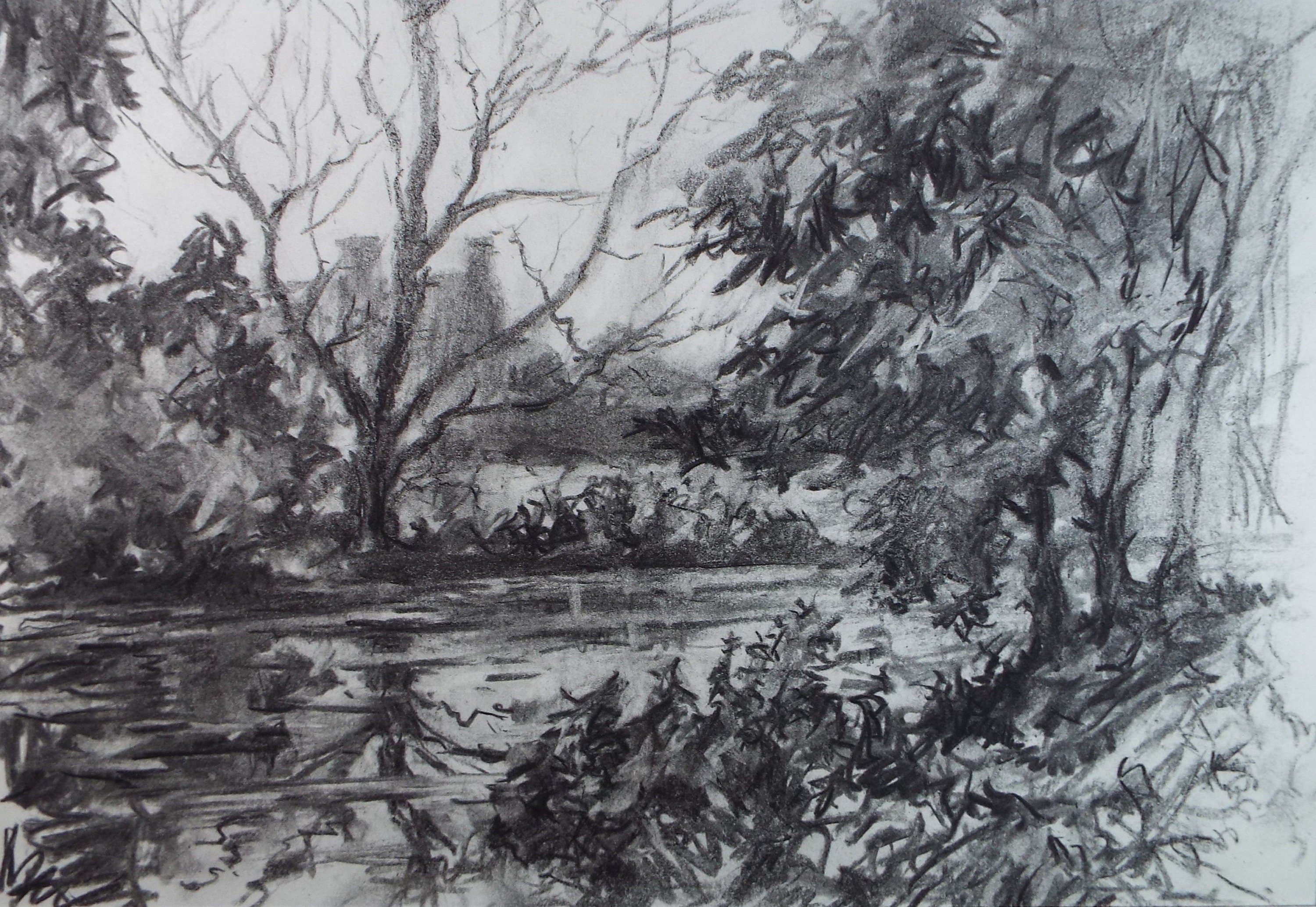 Original Charcoal drawing, 'River Landscape', 1970's, R.A Andew-Jones