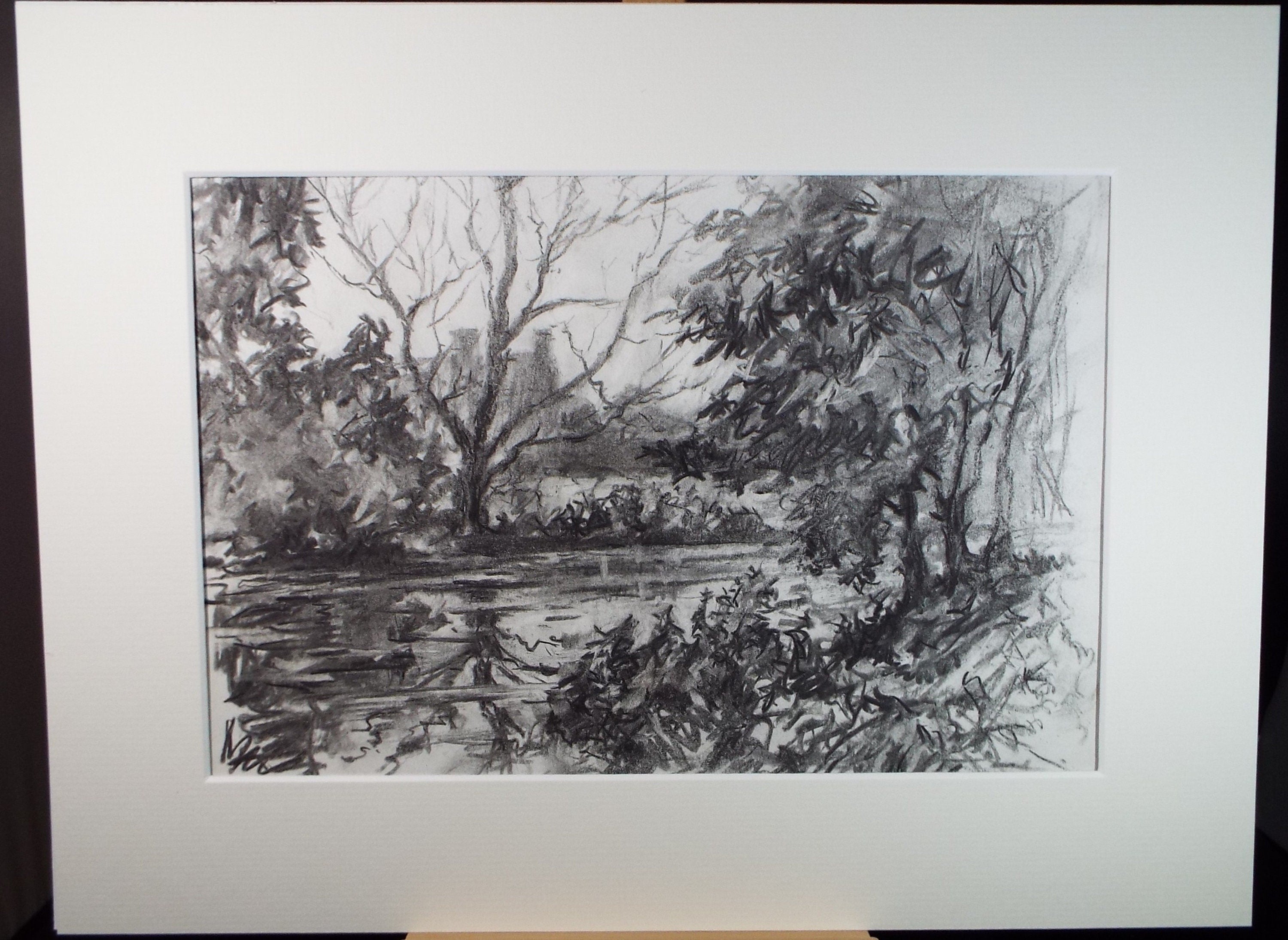 Original Charcoal drawing, 'River Landscape', 1970's, R.A Andew-Jones