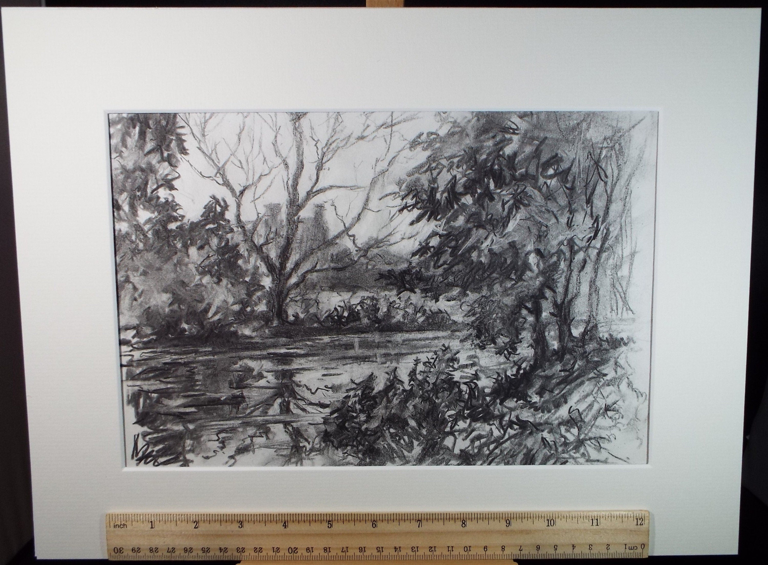 Original Charcoal drawing, 'River Landscape', 1970's, R.A Andew-Jones