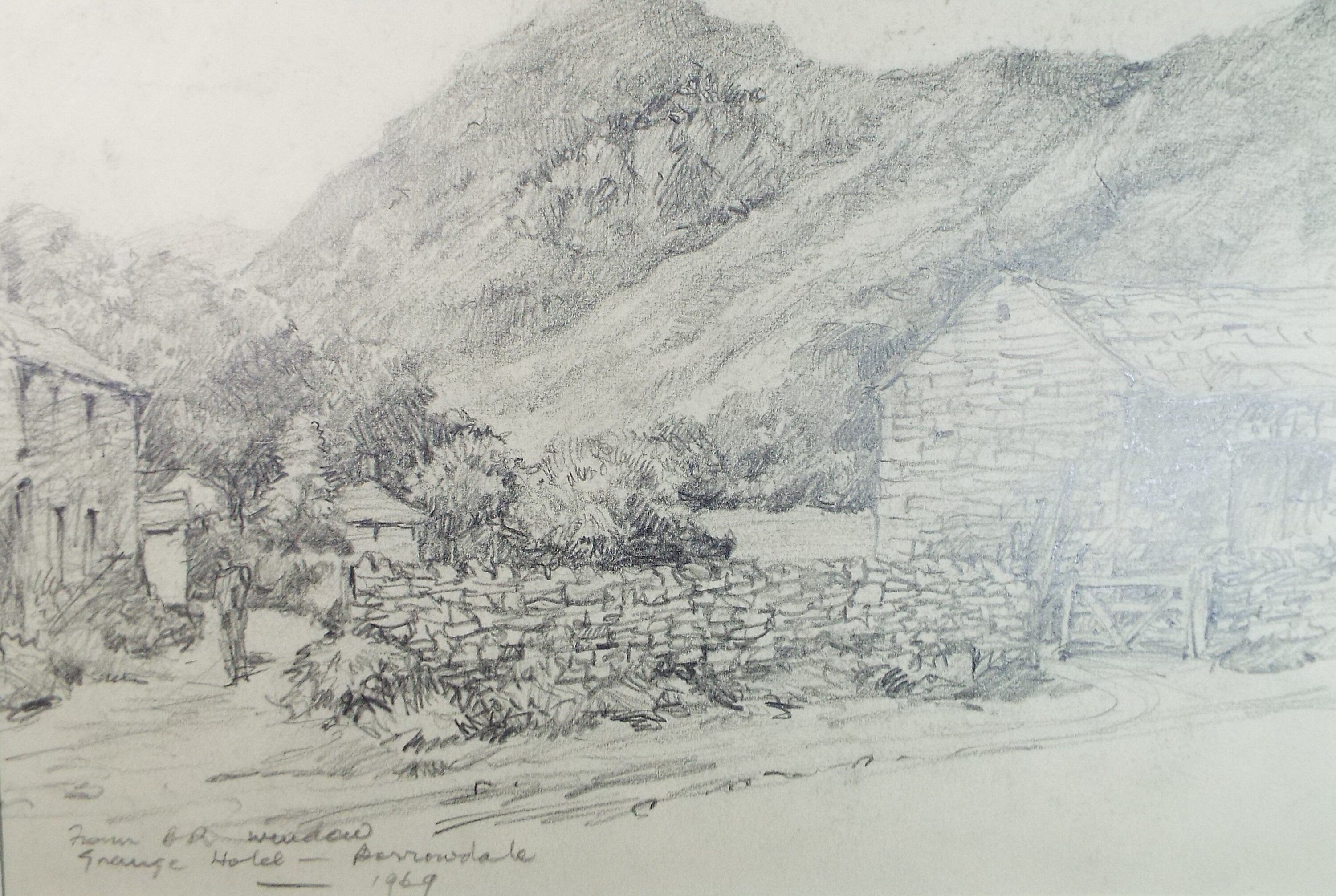 Original Pencil drawing, 'Farm Buildings, Borrowdale', 1969, R.A Andew-Jones