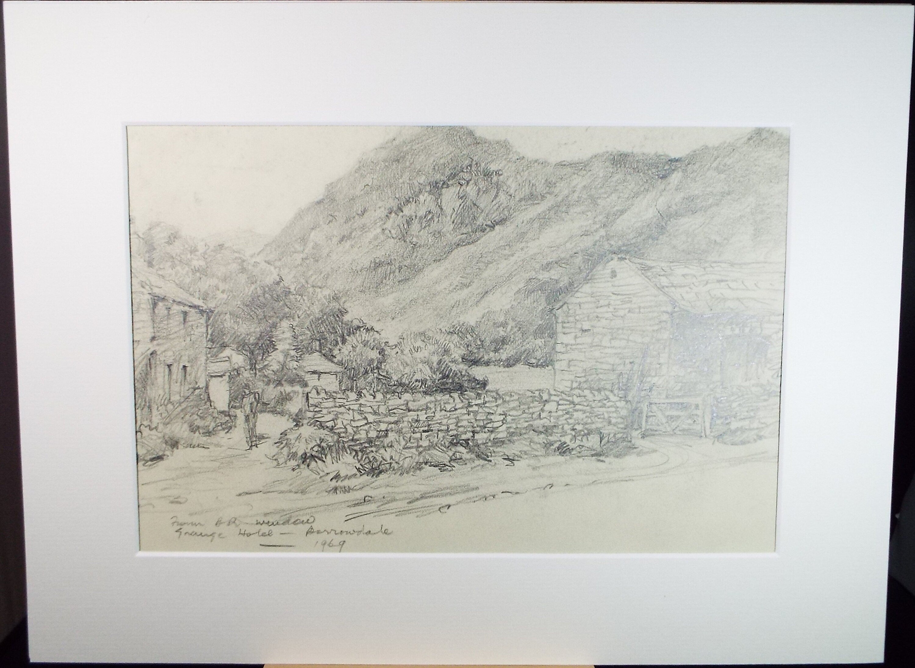 Original Pencil drawing, 'Farm Buildings, Borrowdale', 1969, R.A Andew-Jones