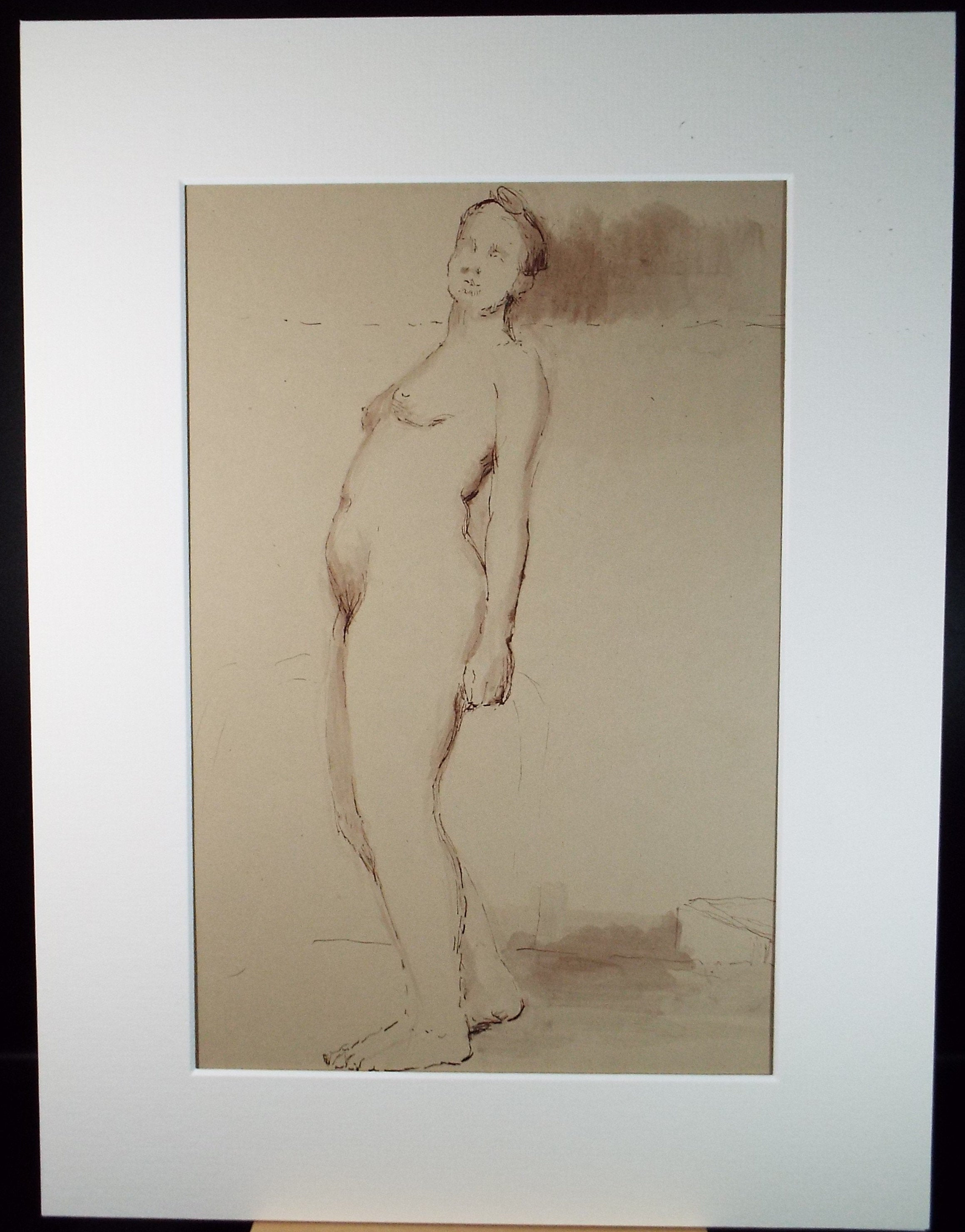 Original Pen & Ink Sketch,'Standing Woman', 1940's, Hilda Burford 1887-1957