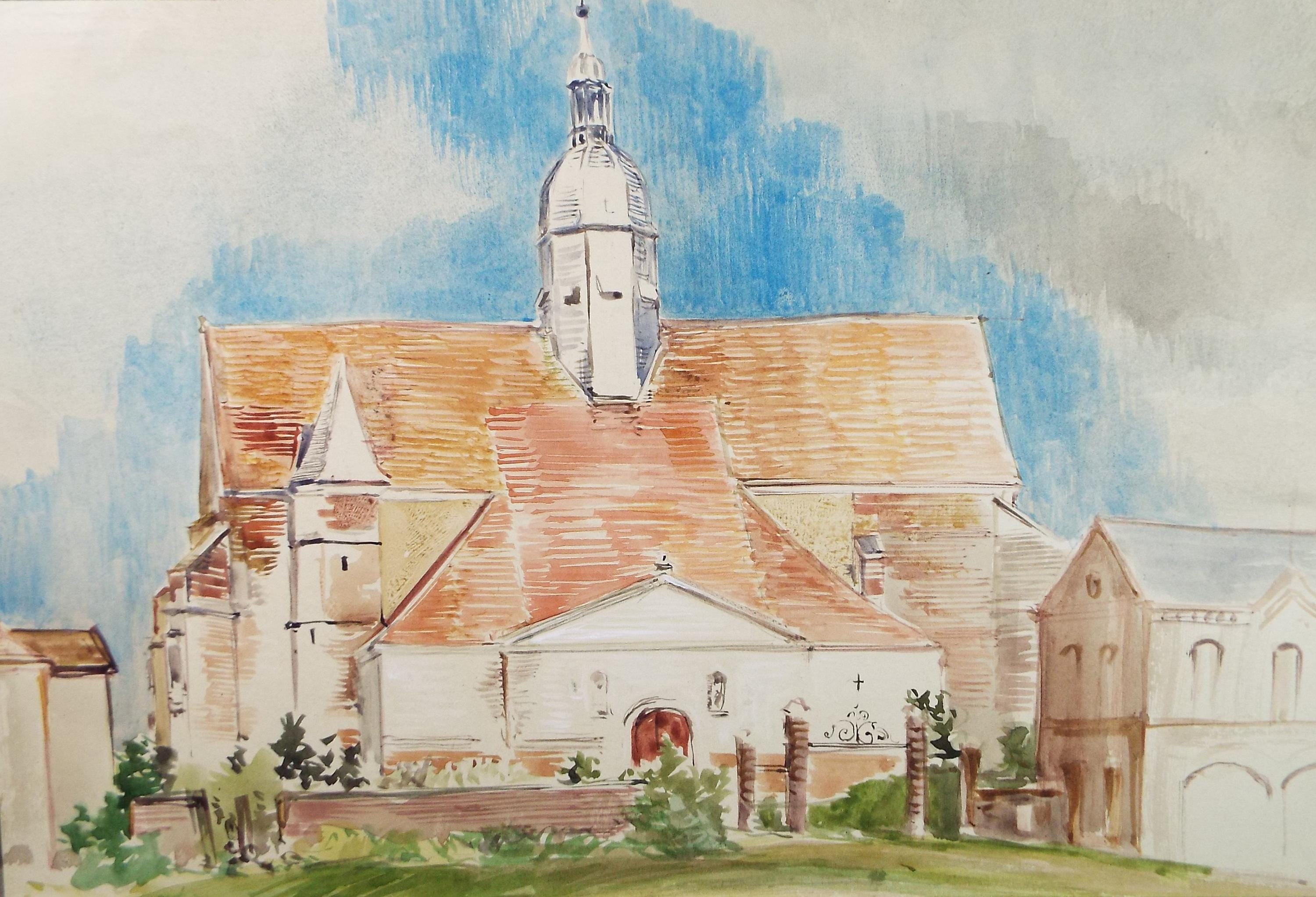 Original Watercolour, 'French Church', Circa 1950's, Unknown artist
