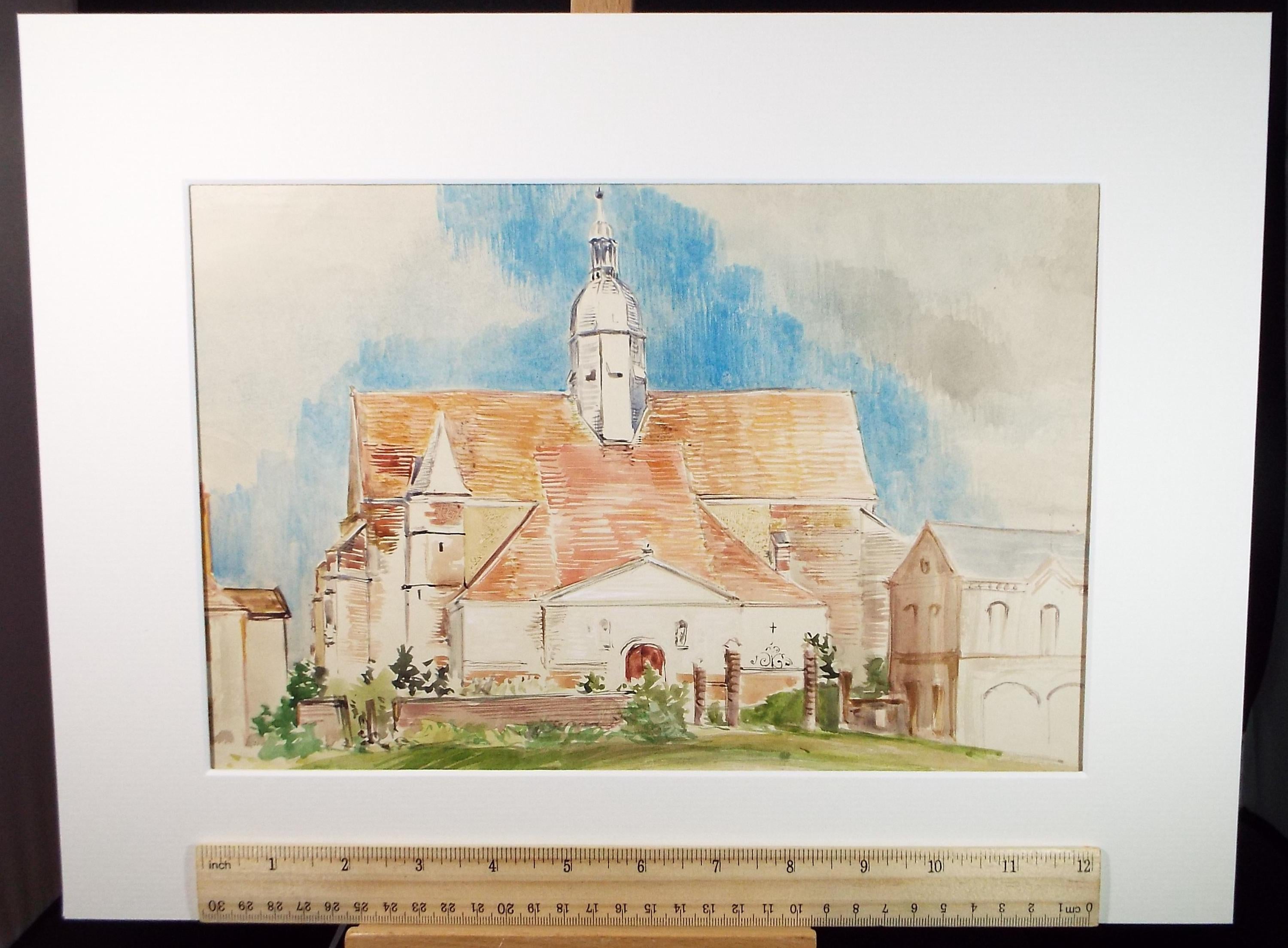 Original Watercolour, 'French Church', Circa 1950's, Unknown artist