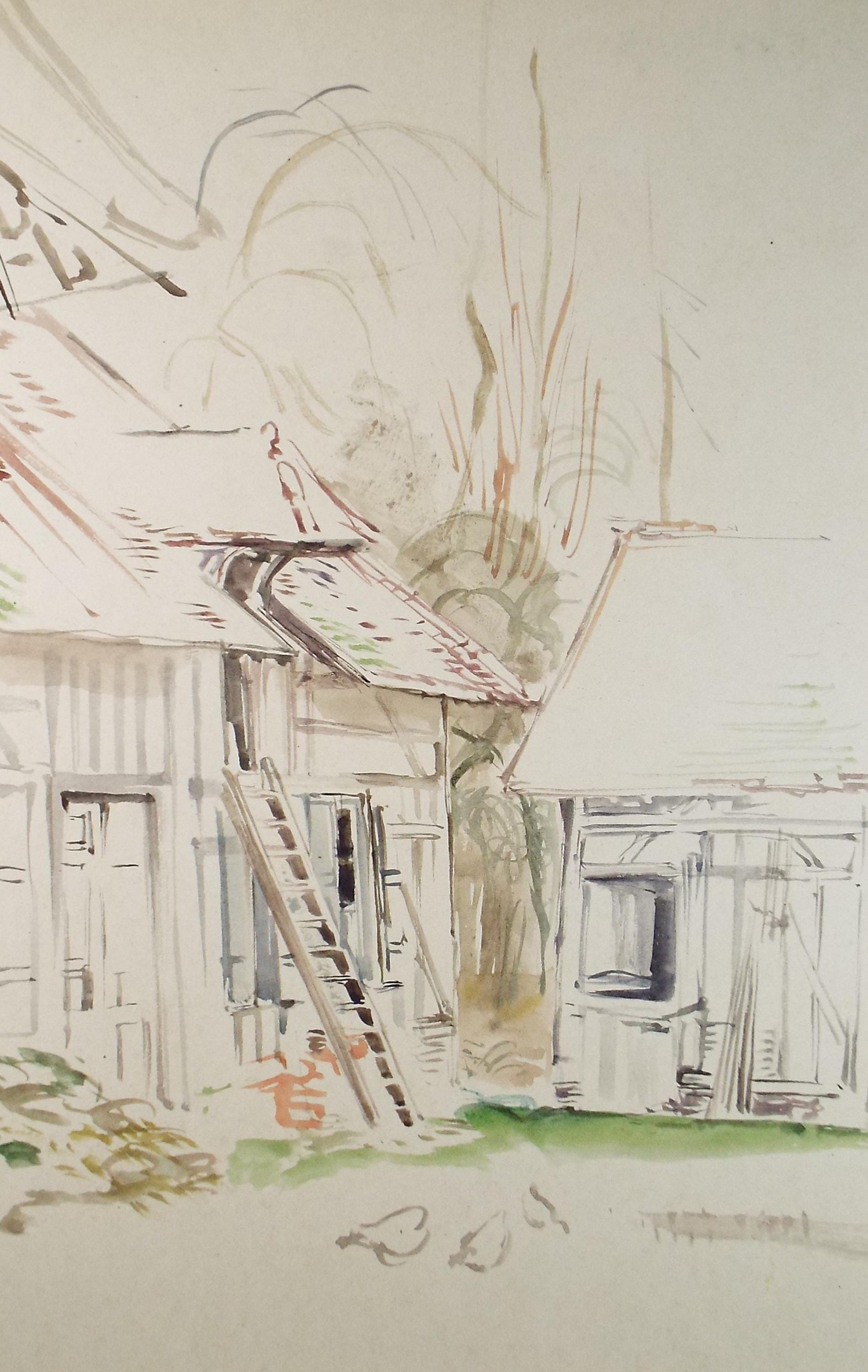 Original Watercolour,'French Farmyard', Circa 1950's, Unknown artist