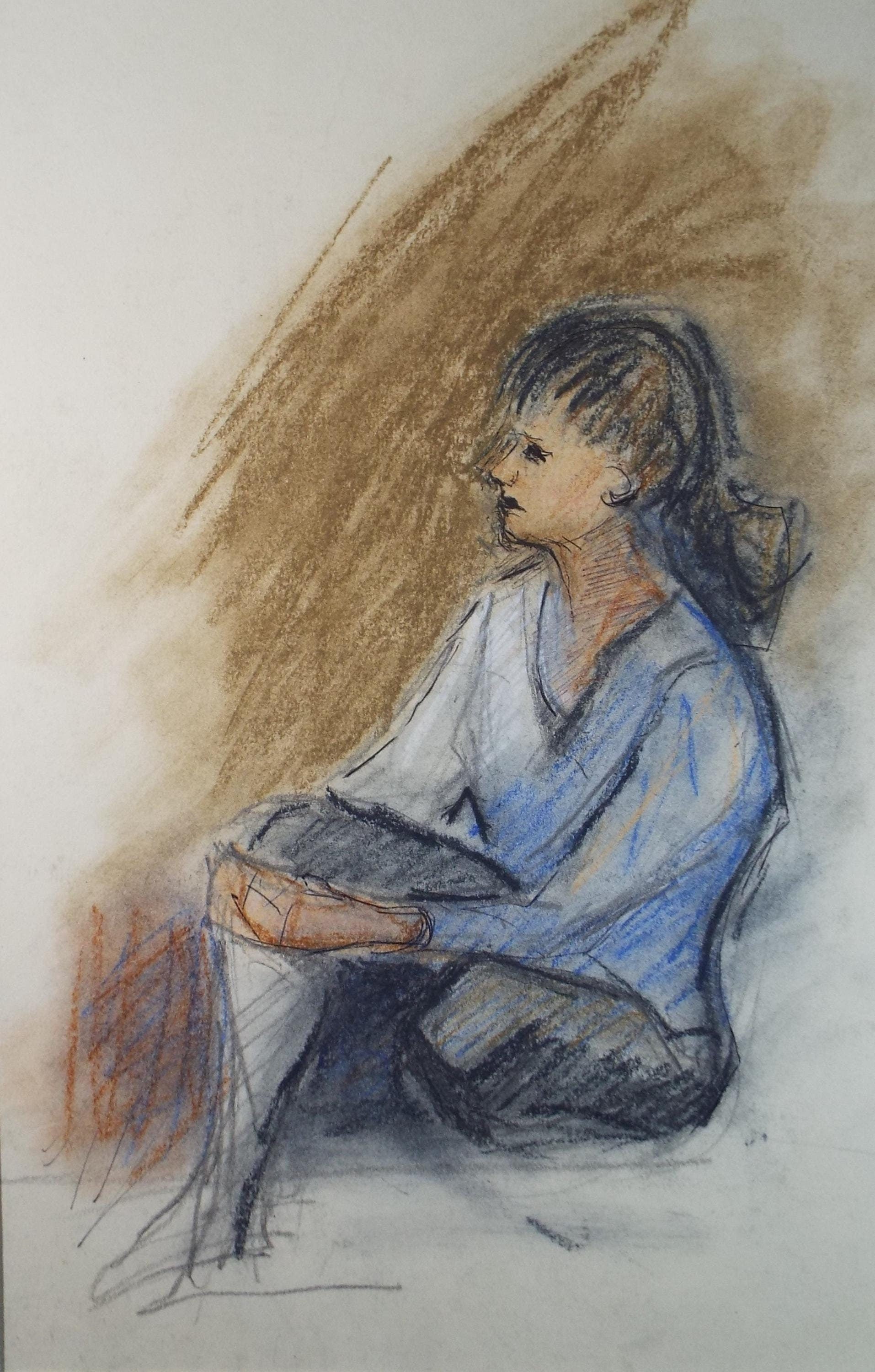 Original Pastel Drawing, 'Seated Woman in Blue', c1970s, Artist Unknown