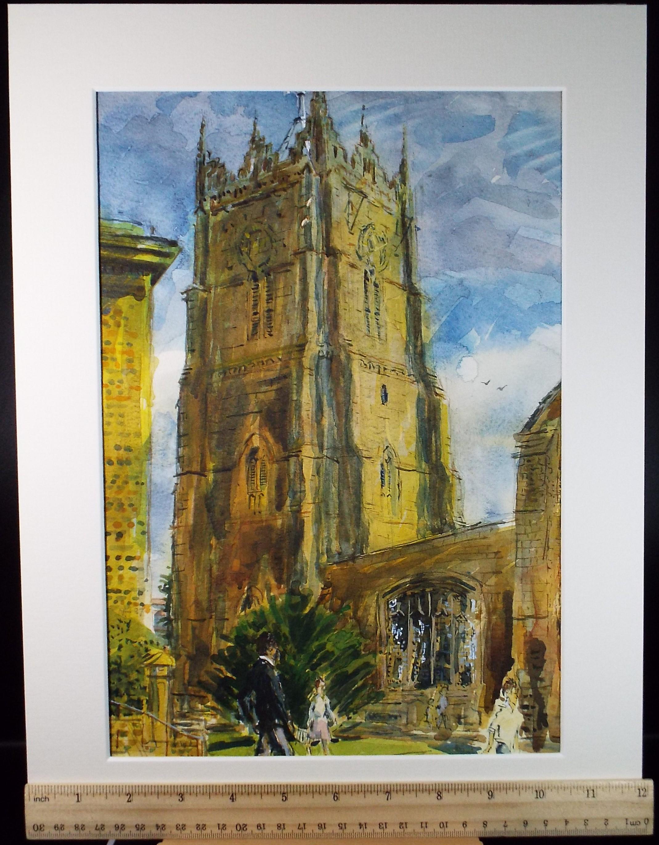 Original Watercolour,'Church Tower with figures', Roger Alsop, dated 1987
