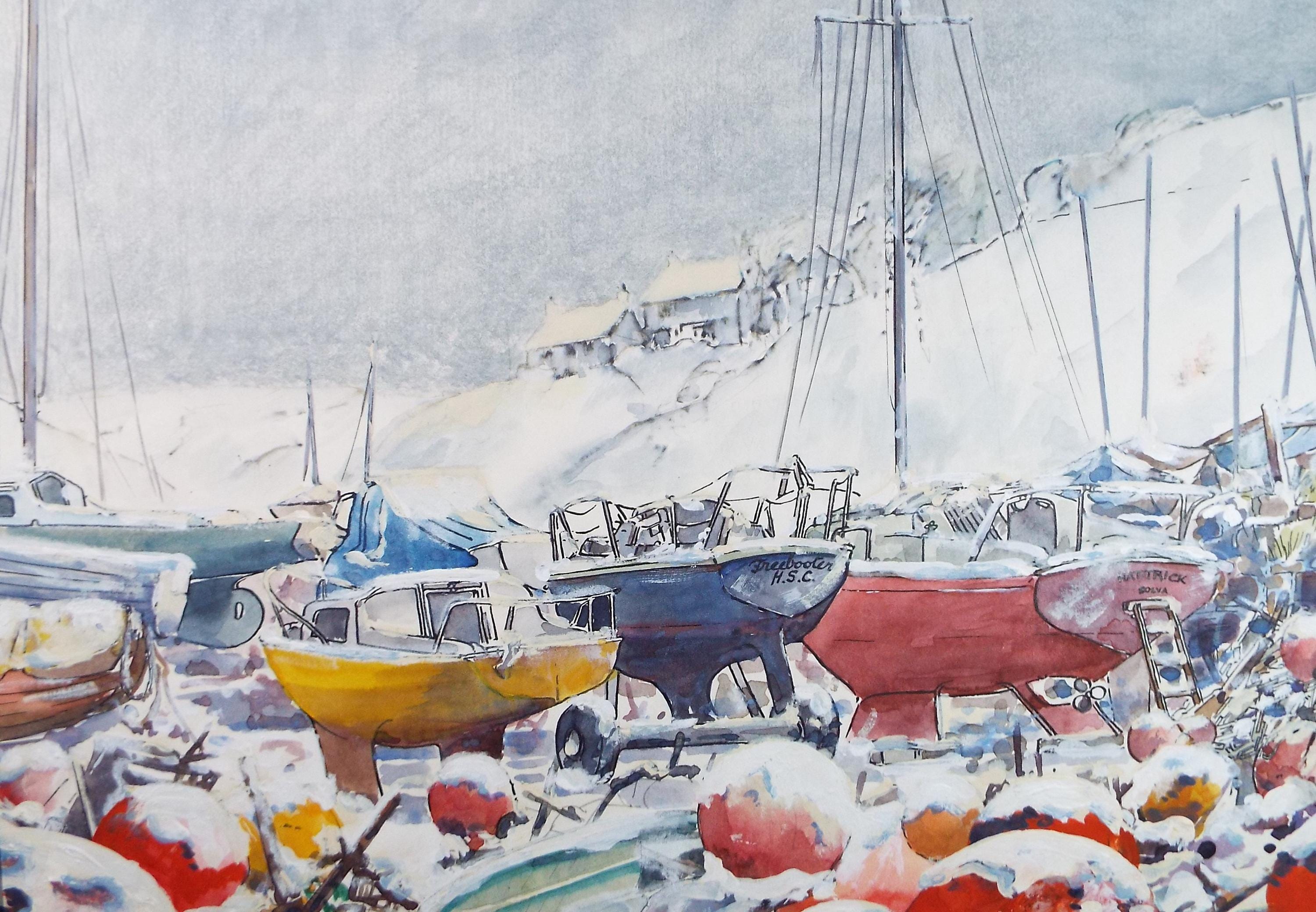 Original Watercolour & Gouache, 'Winter Boatyard', June Bevan, Dated 1991