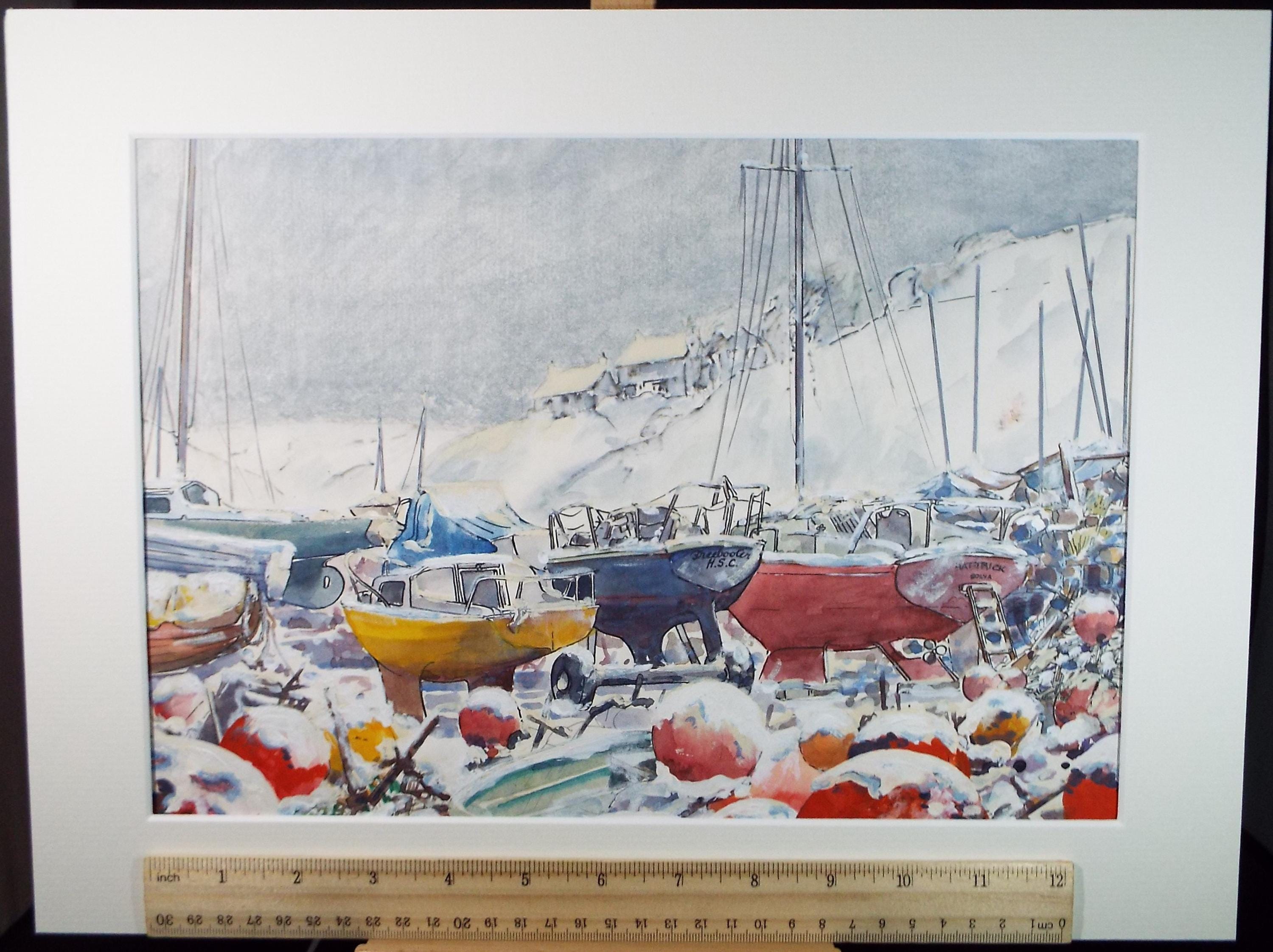 Original Watercolour & Gouache, 'Winter Boatyard', June Bevan, Dated 1991