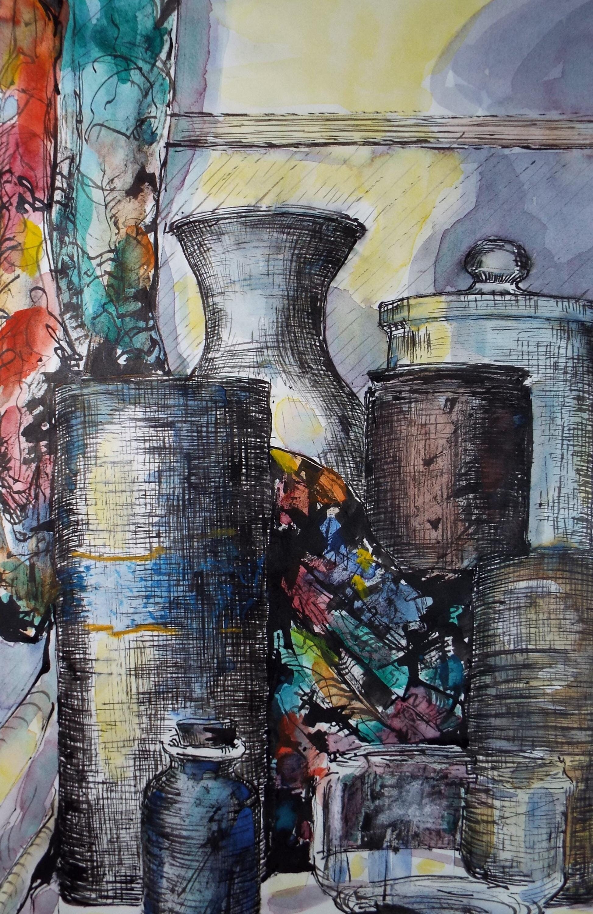 Original Watercolour & Ink , 'Still Life of Jars', June Bevan, Circa 1990's