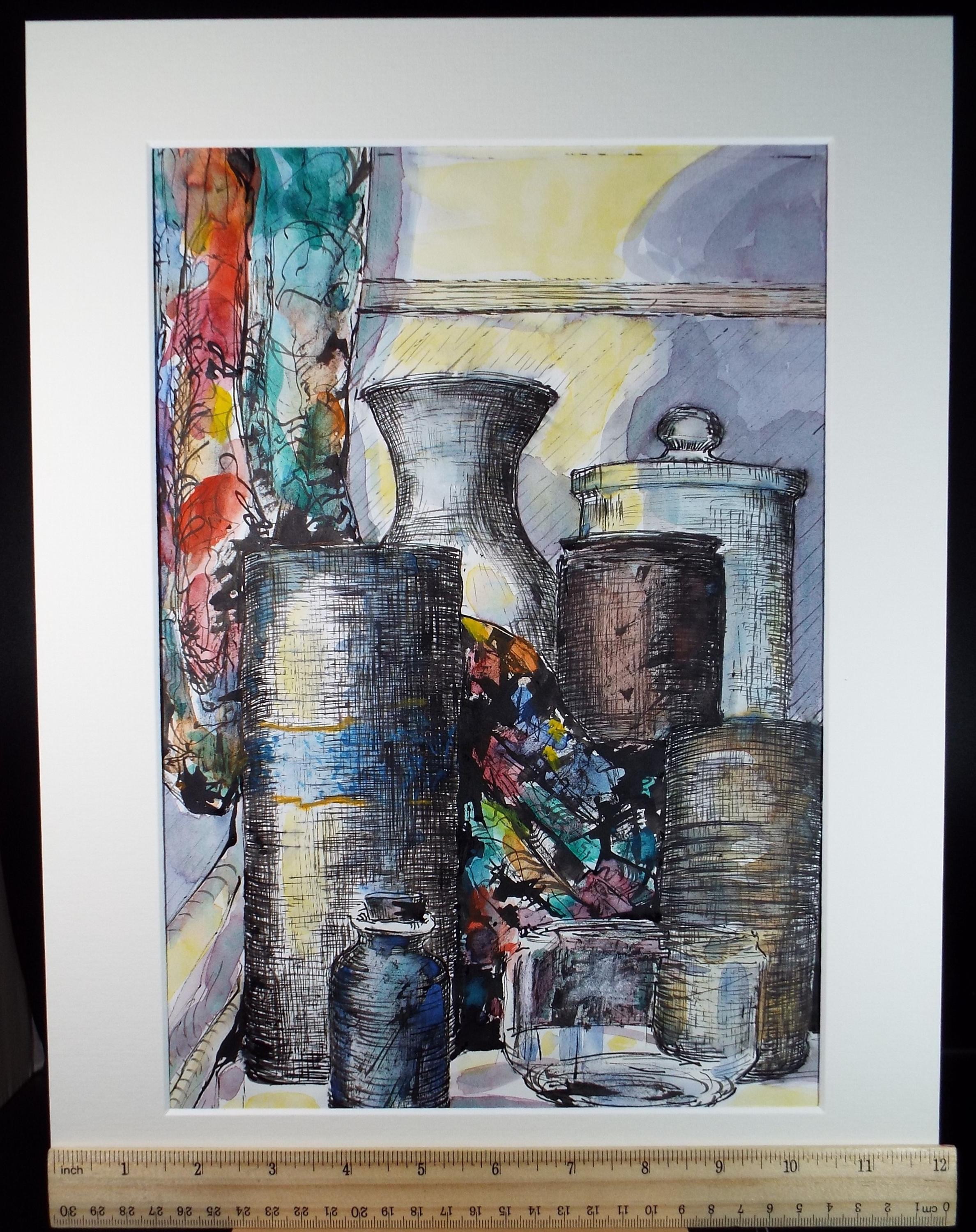 Original Watercolour & Ink , 'Still Life of Jars', June Bevan, Circa 1990's