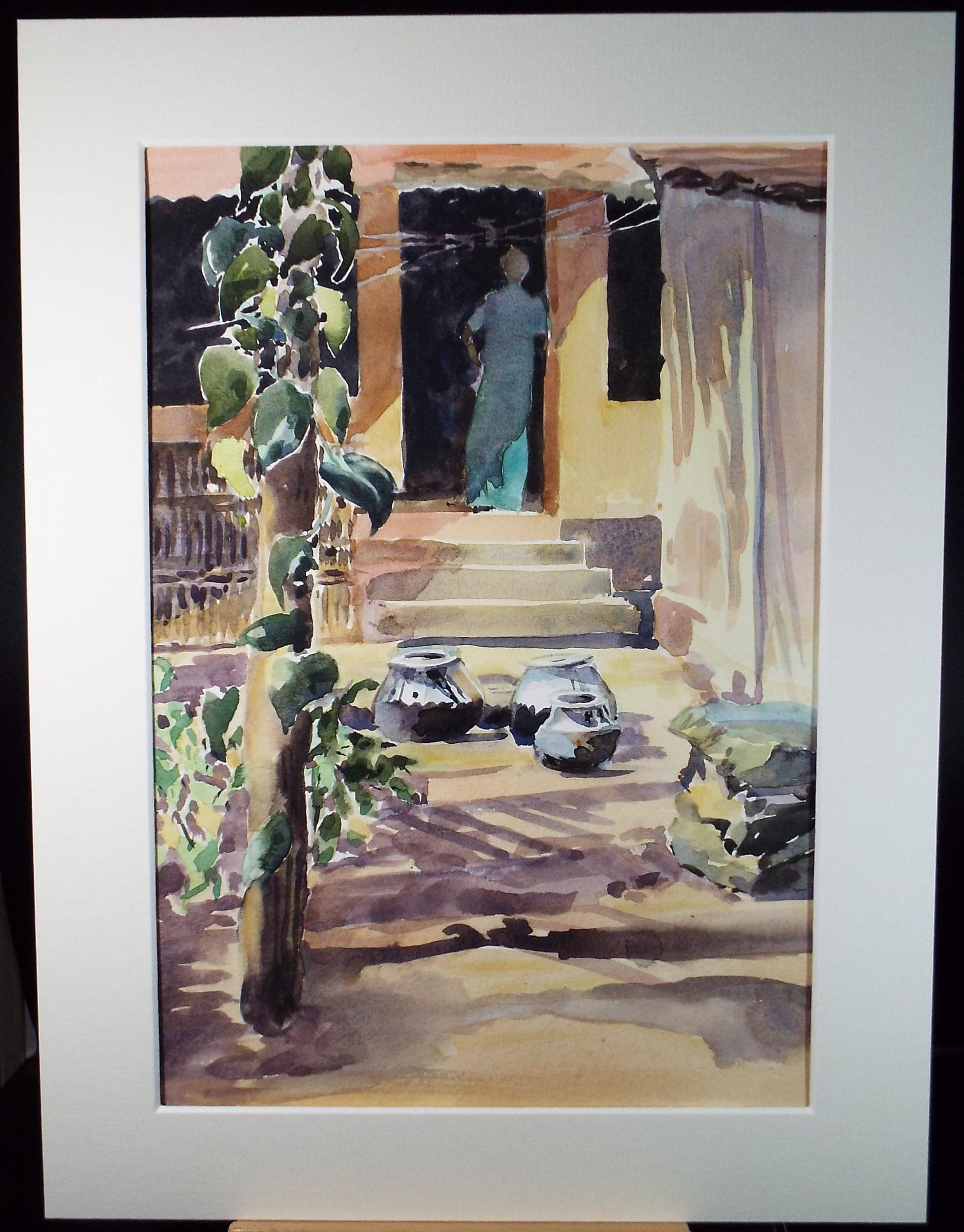 Original Watercolour , 'Figure at the Doorway', June Bevan, Dated 1991
