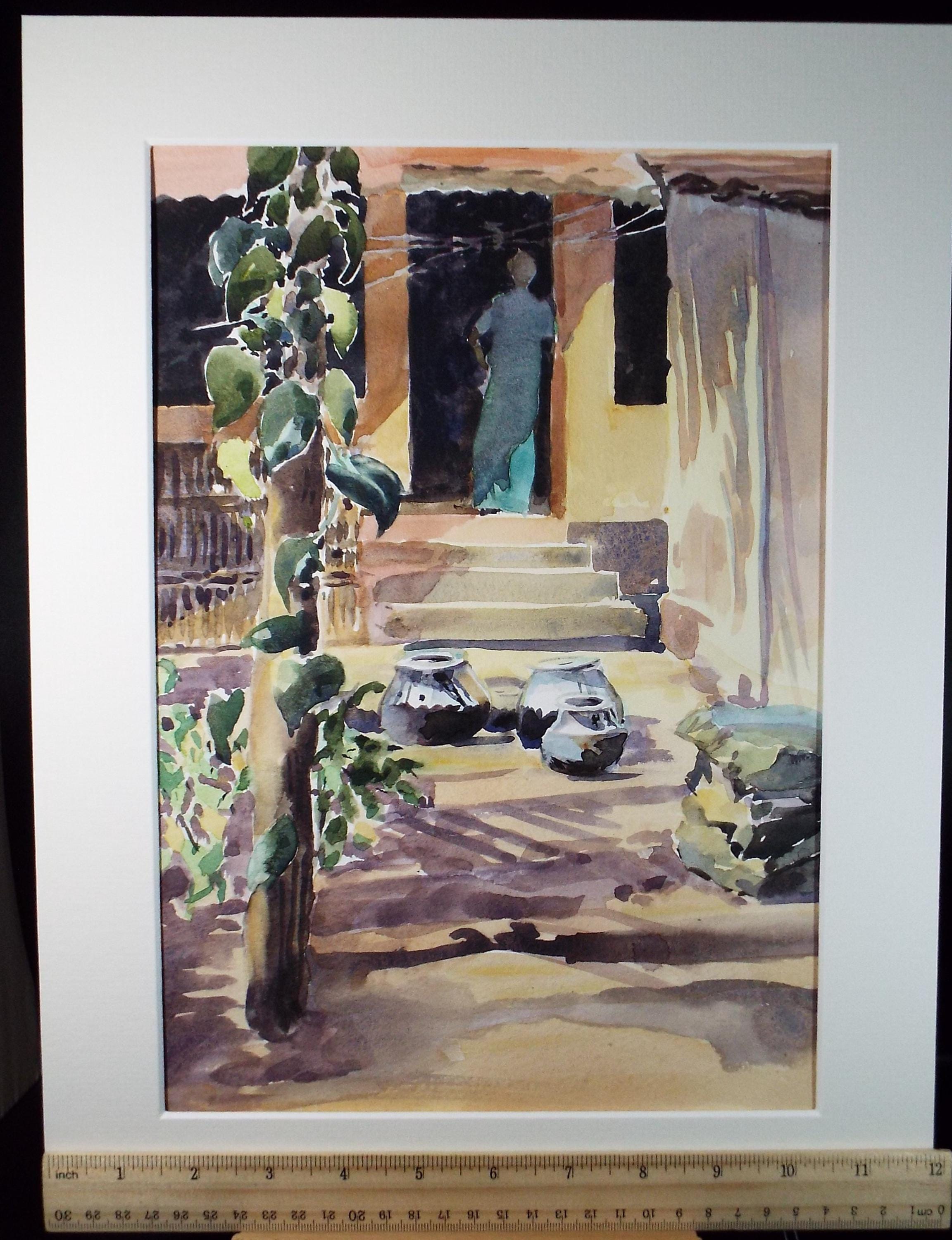 Original Watercolour , 'Figure at the Doorway', June Bevan, Dated 1991