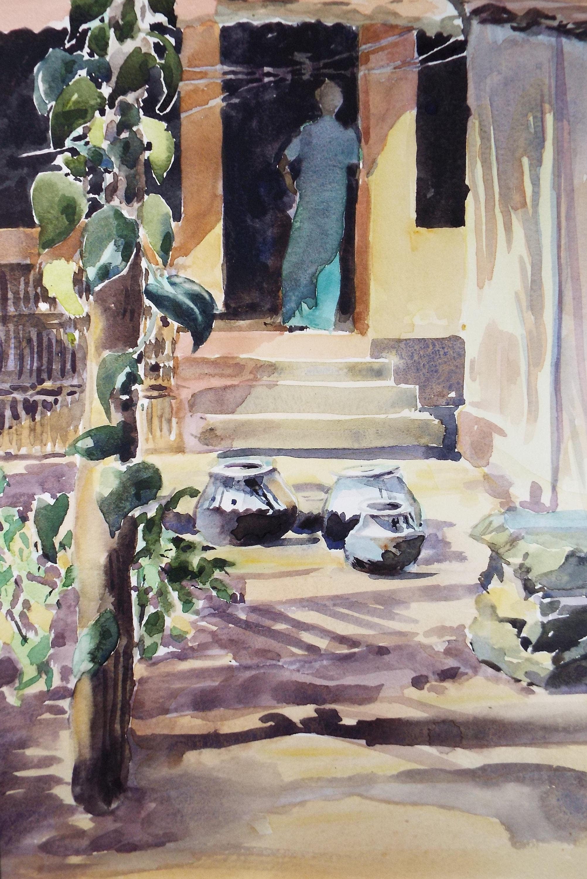 Original Watercolour , 'Figure at the Doorway', June Bevan, Dated 1991