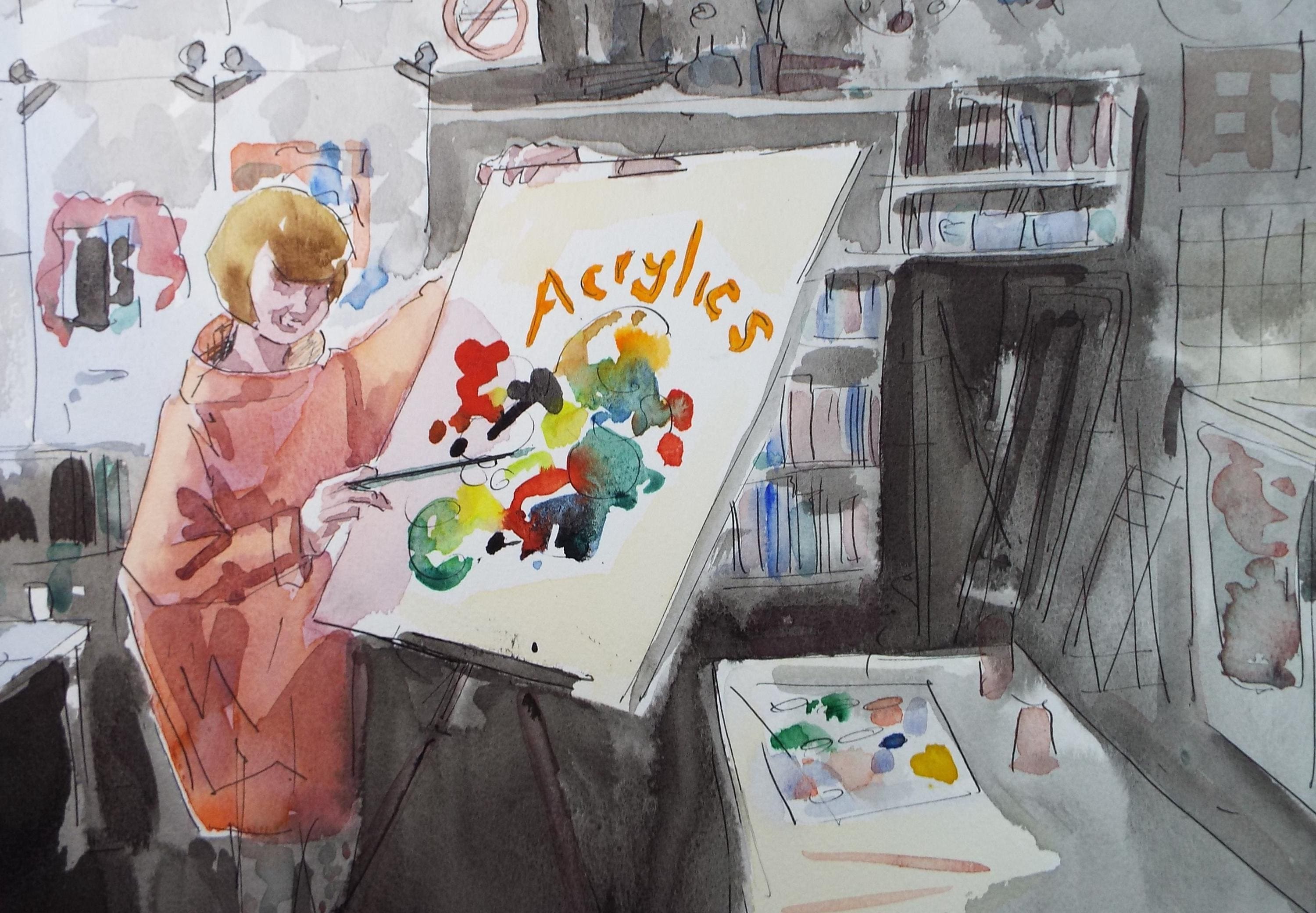 Original Watercolour, 'The Art Class', June Bevan, Circa 1990's