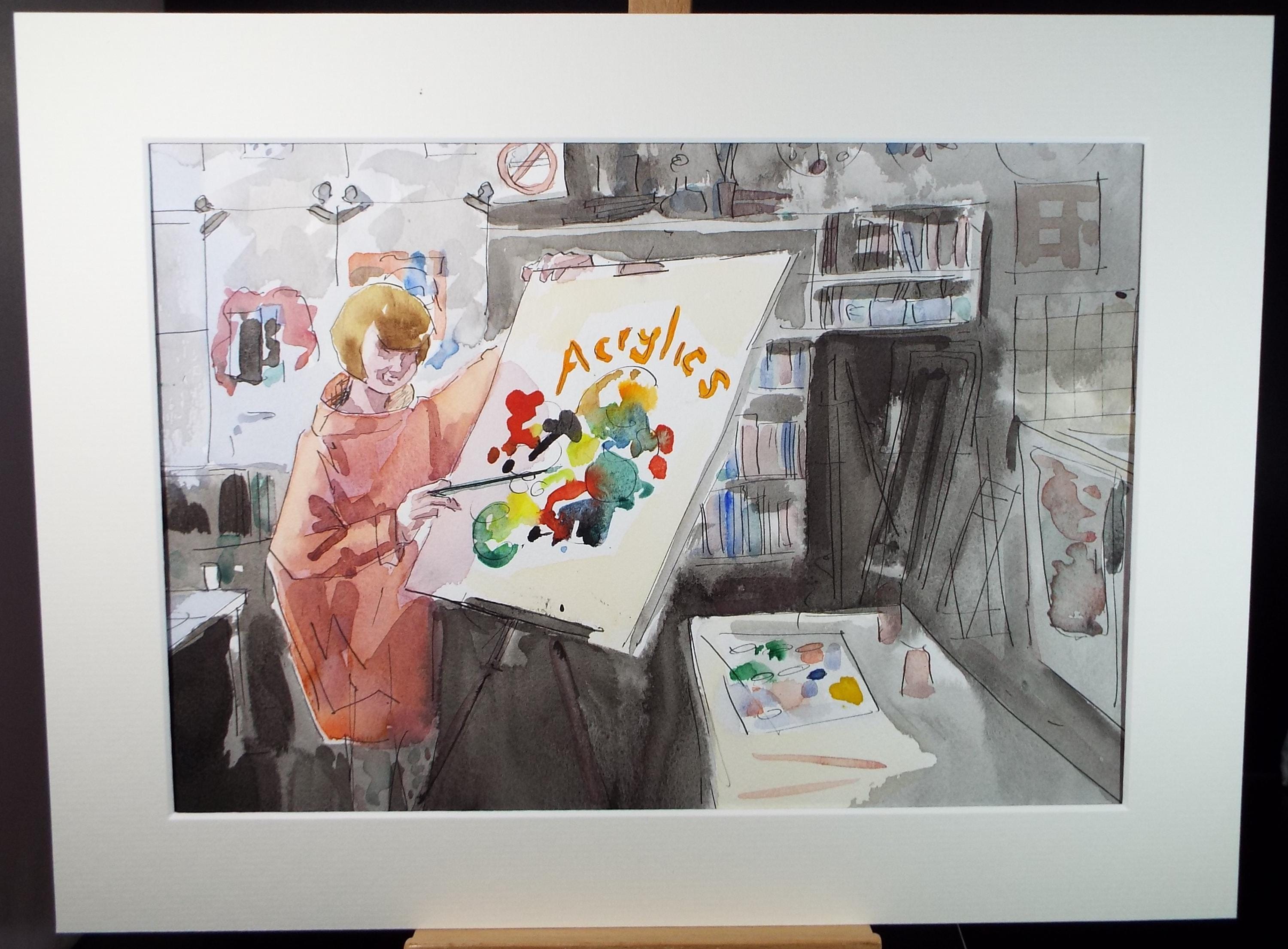 Original Watercolour, 'The Art Class', June Bevan, Circa 1990's