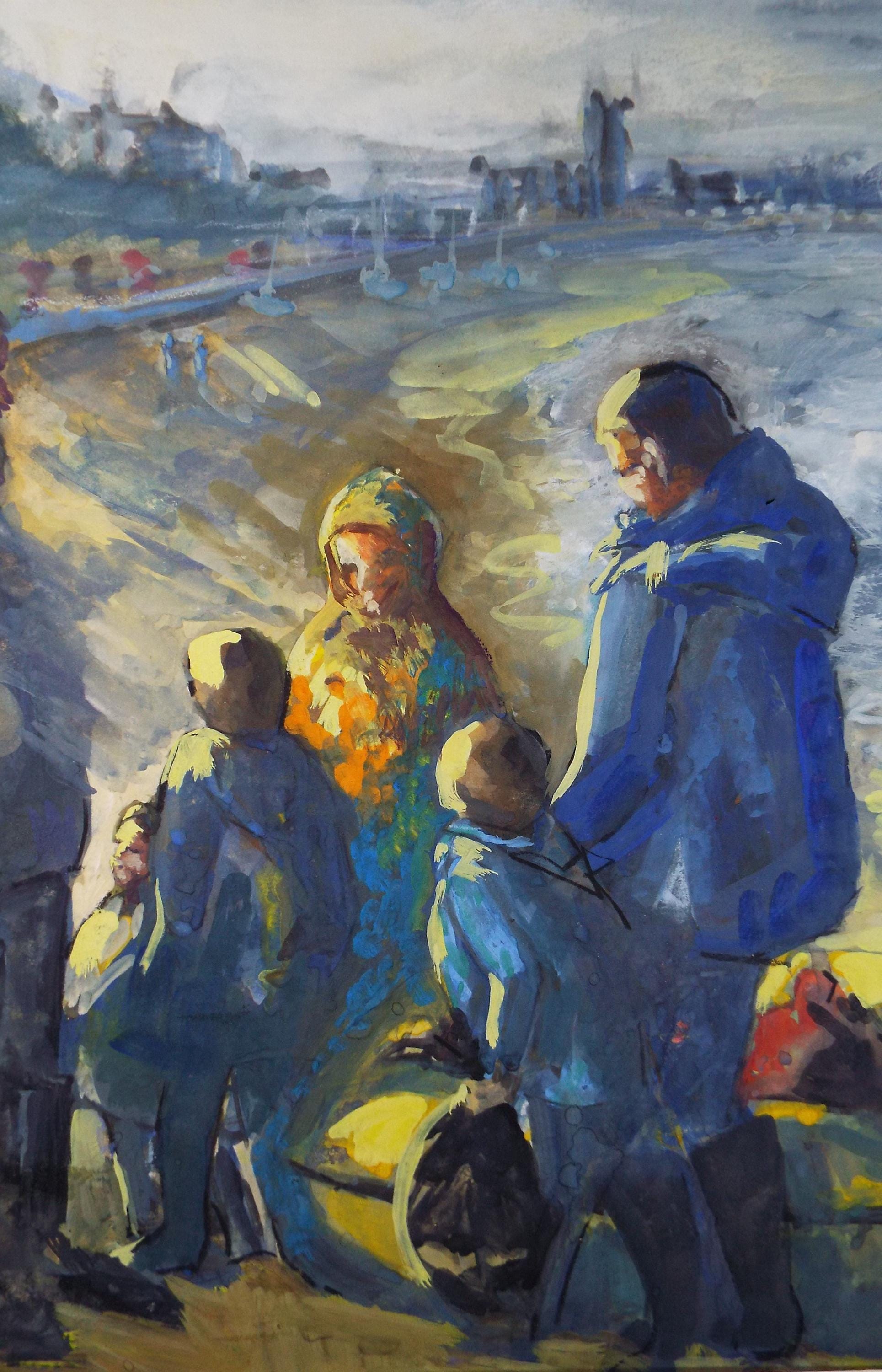 Original Watercolour, & Gouache 'Figures on the Shore', June Bevan, Circa 1990's