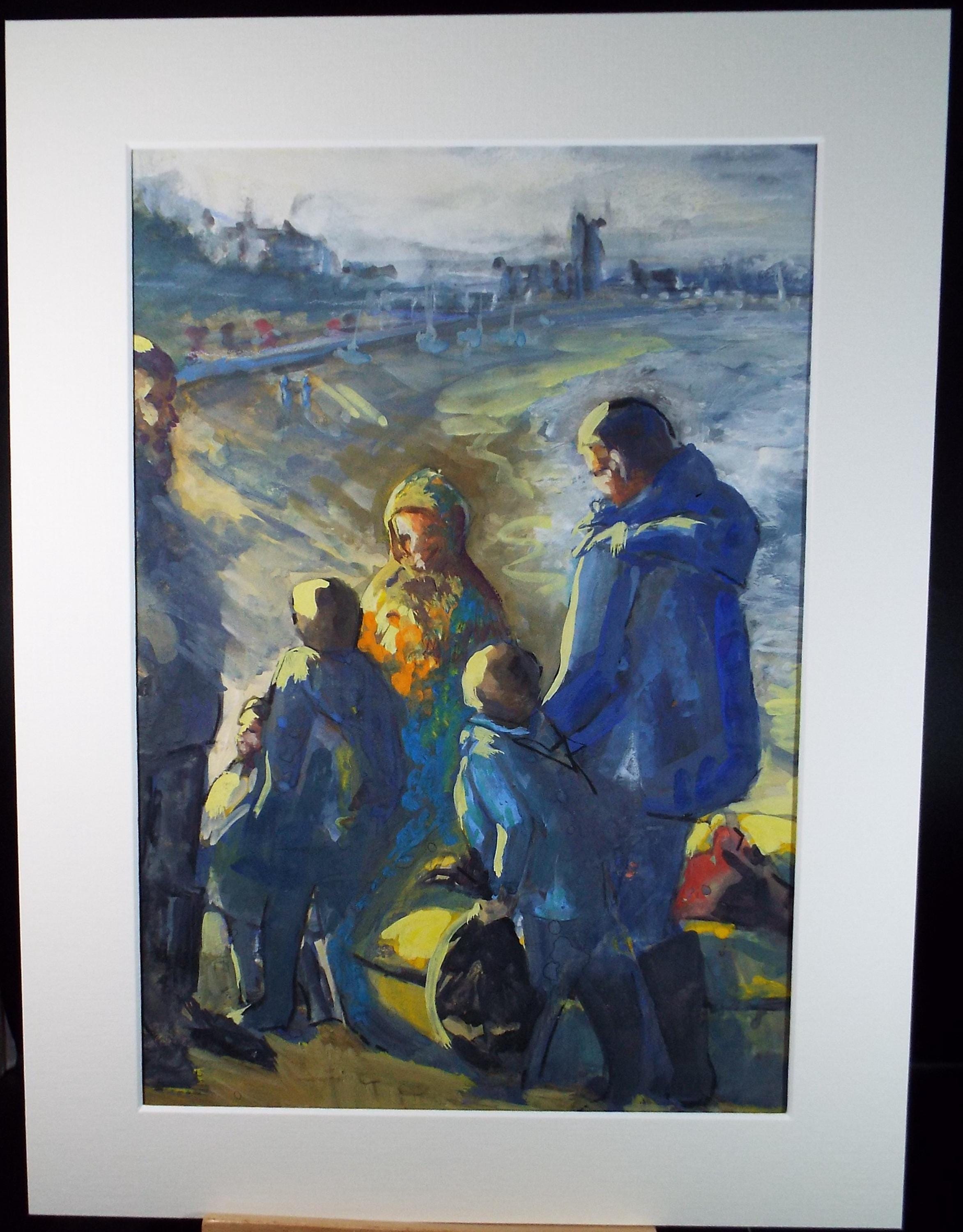 Original Watercolour, & Gouache 'Figures on the Shore', June Bevan, Circa 1990's