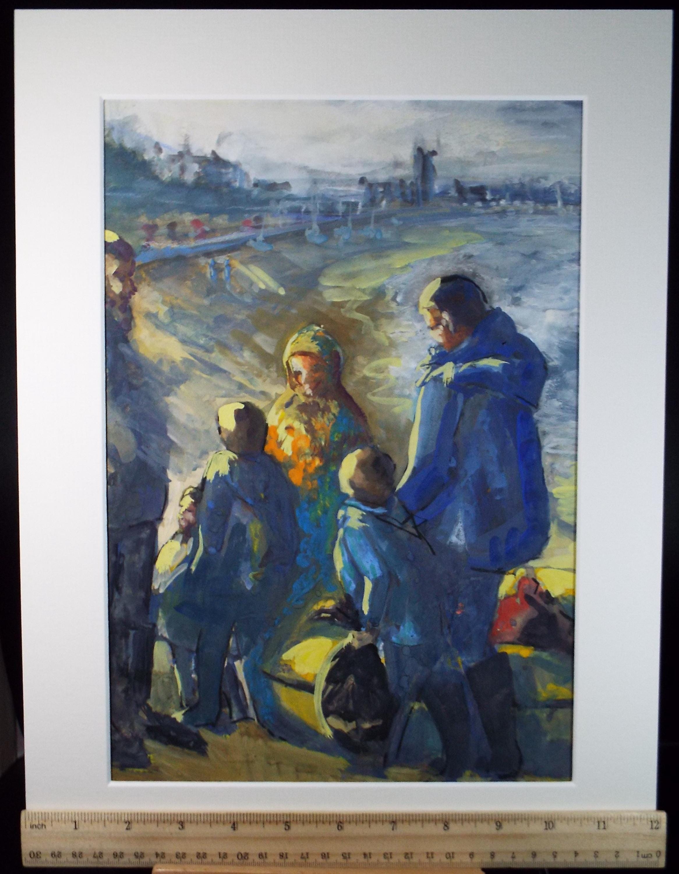 Original Watercolour, & Gouache 'Figures on the Shore', June Bevan, Circa 1990's
