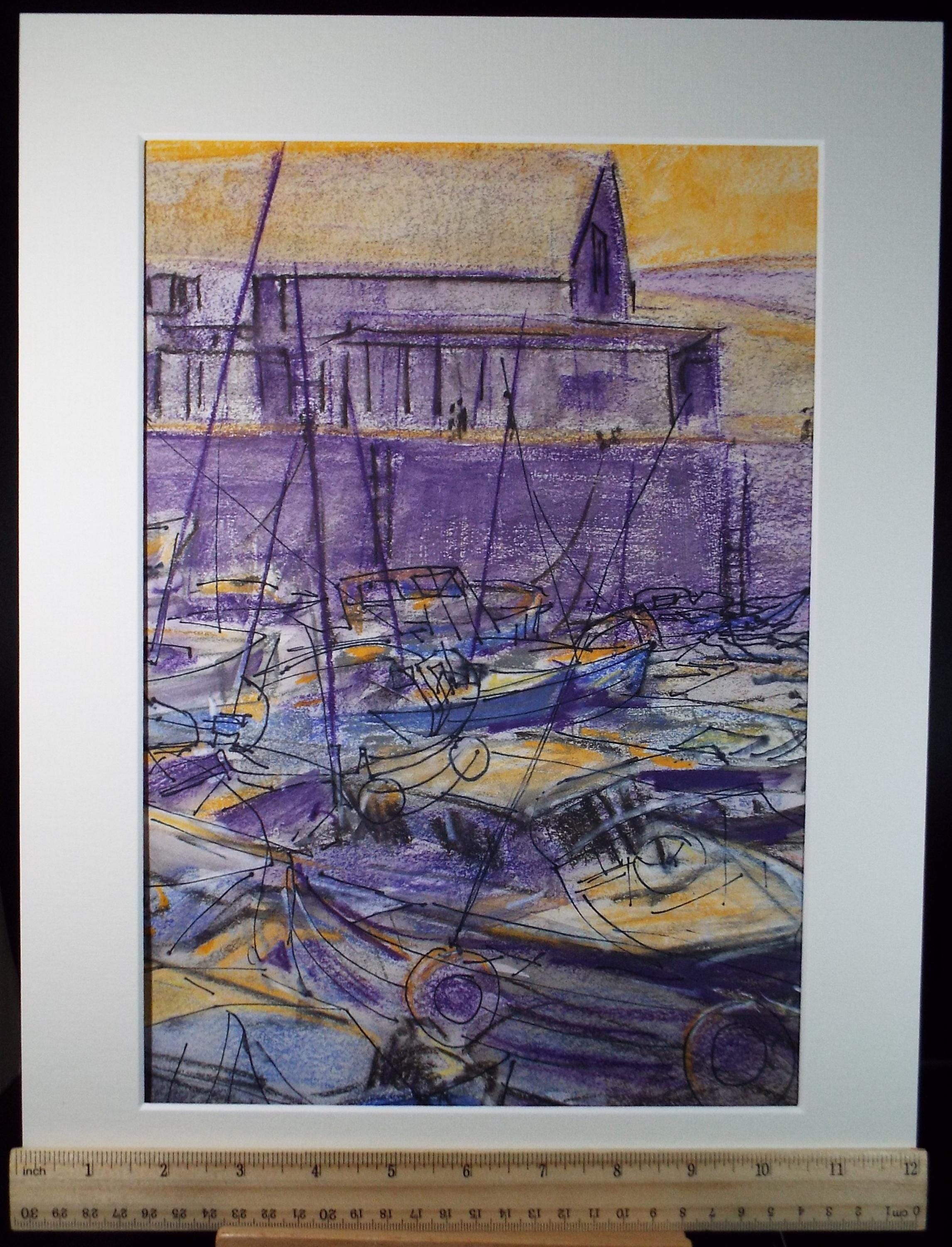 Original Pastel & ink 'Yachts at the Haven', June Bevan, Circa 1990's
