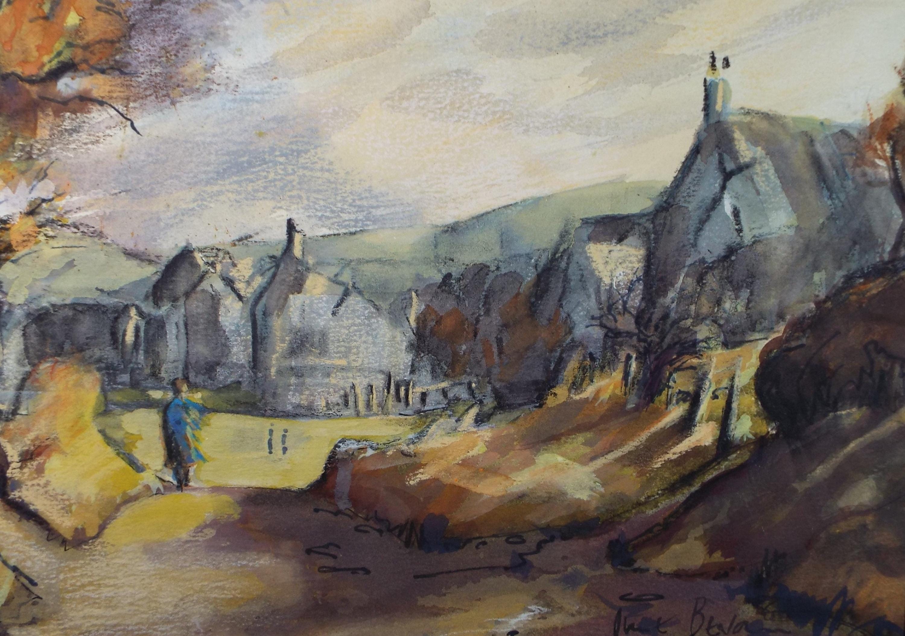 Original Watercolour, 'Village Landscape with Figures', June Bevan, Circa 1990's
