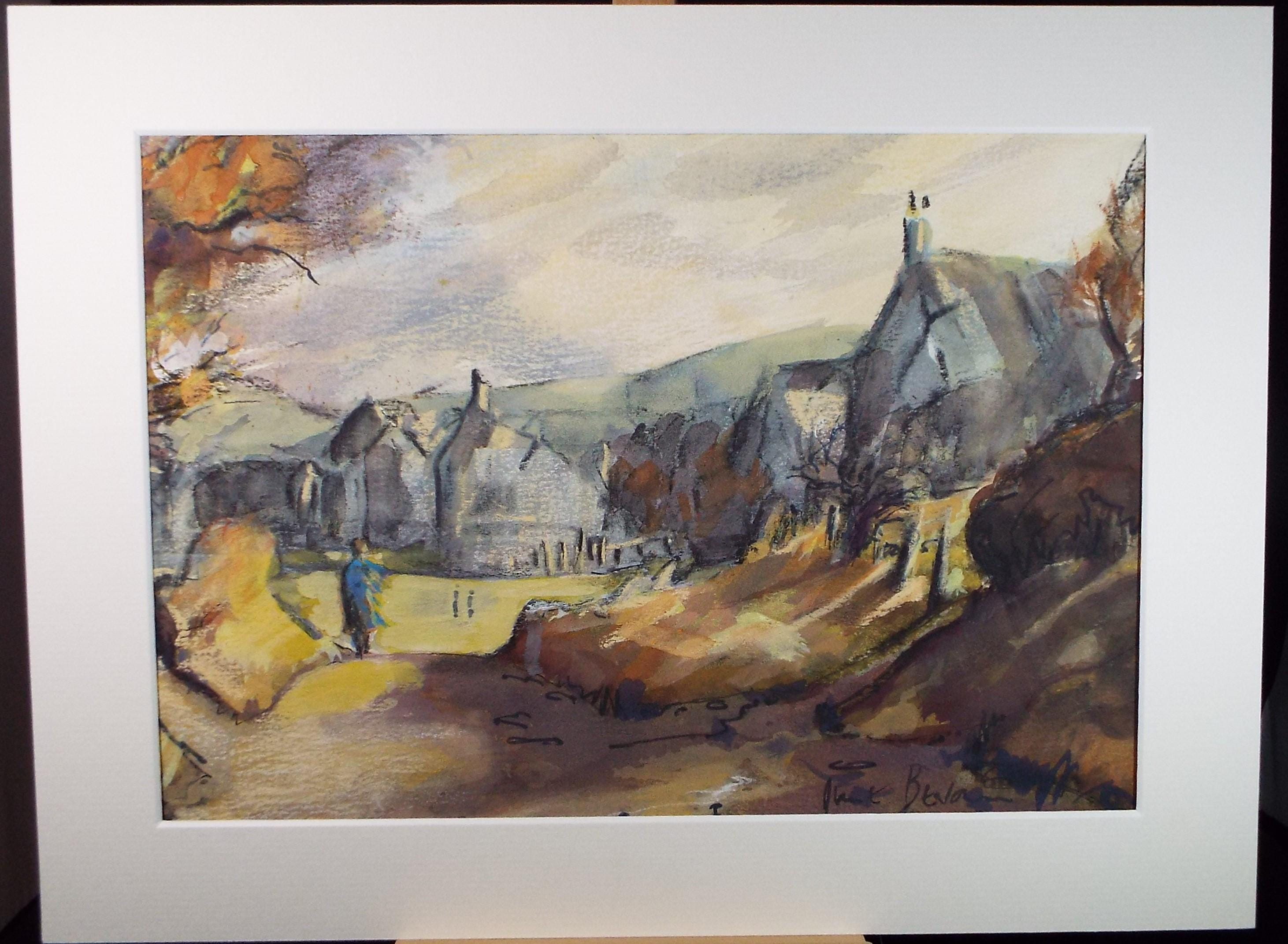 Original Watercolour, 'Village Landscape with Figures', June Bevan, Circa 1990's
