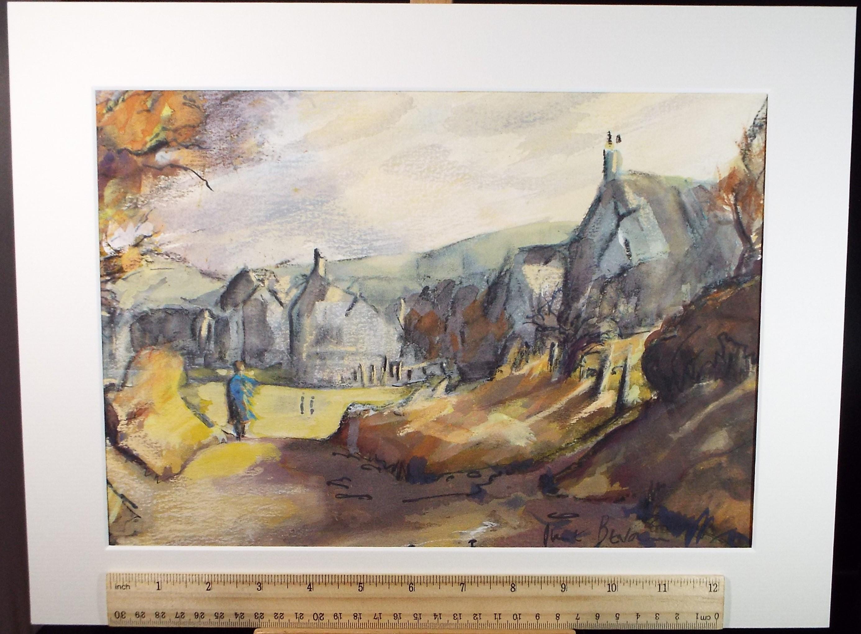 Original Watercolour, 'Village Landscape with Figures', June Bevan, Circa 1990's