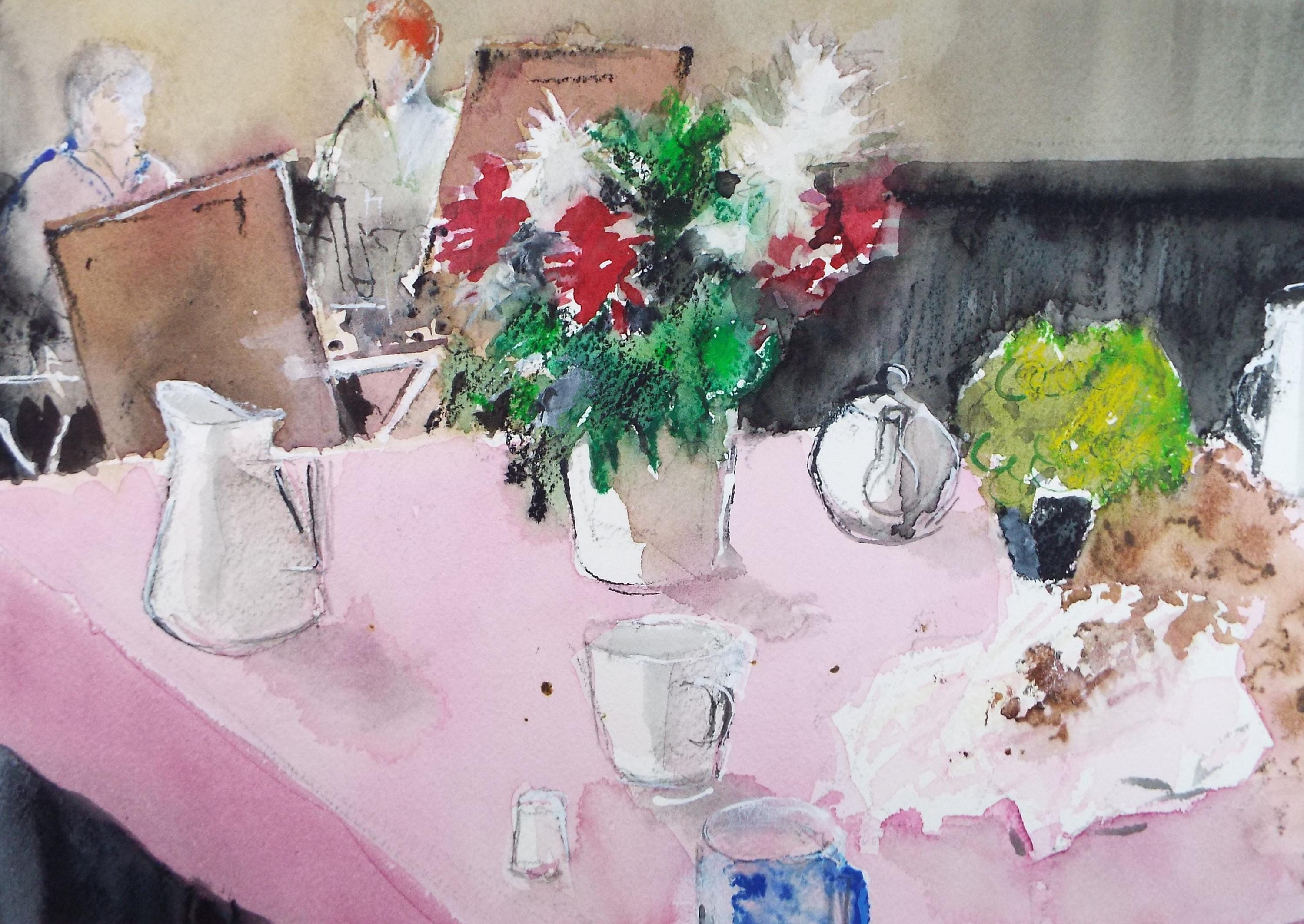 Original Watercolour, 'Still Life with pink tablecloth', June Bevan, c1990's