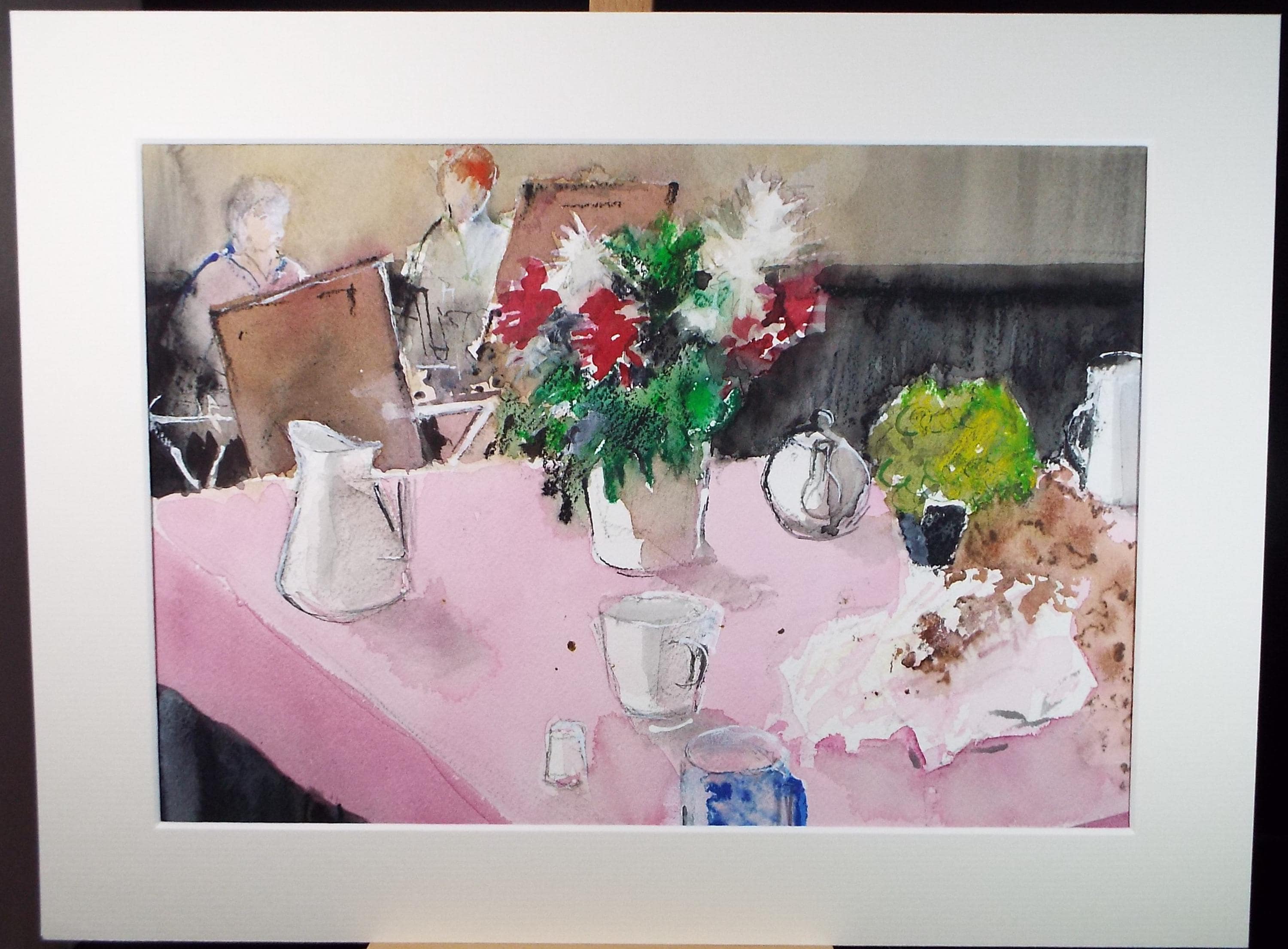 Original Watercolour, 'Still Life with pink tablecloth', June Bevan, c1990's
