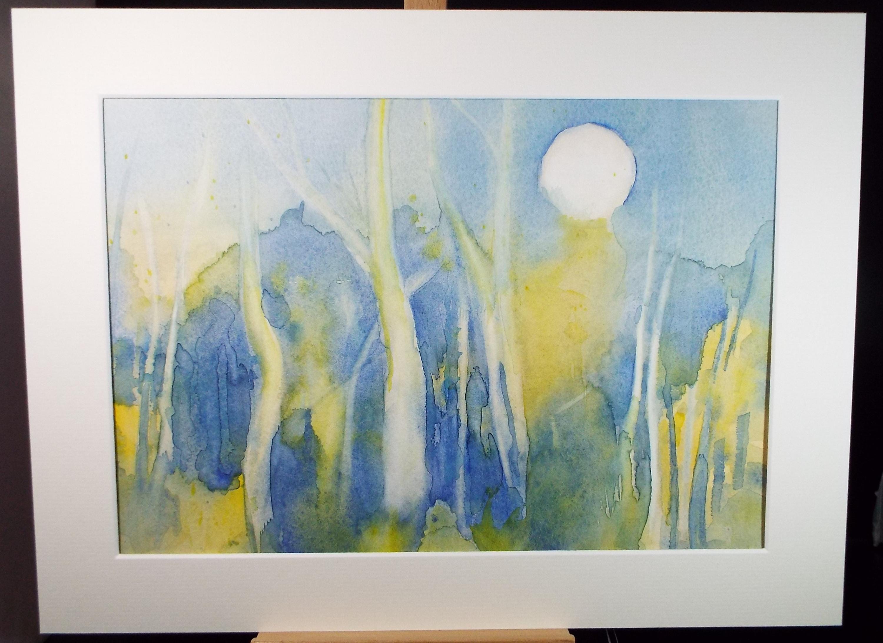 Original Watercolour, 'Moon through woodland', June Bevan, Circa 1990's