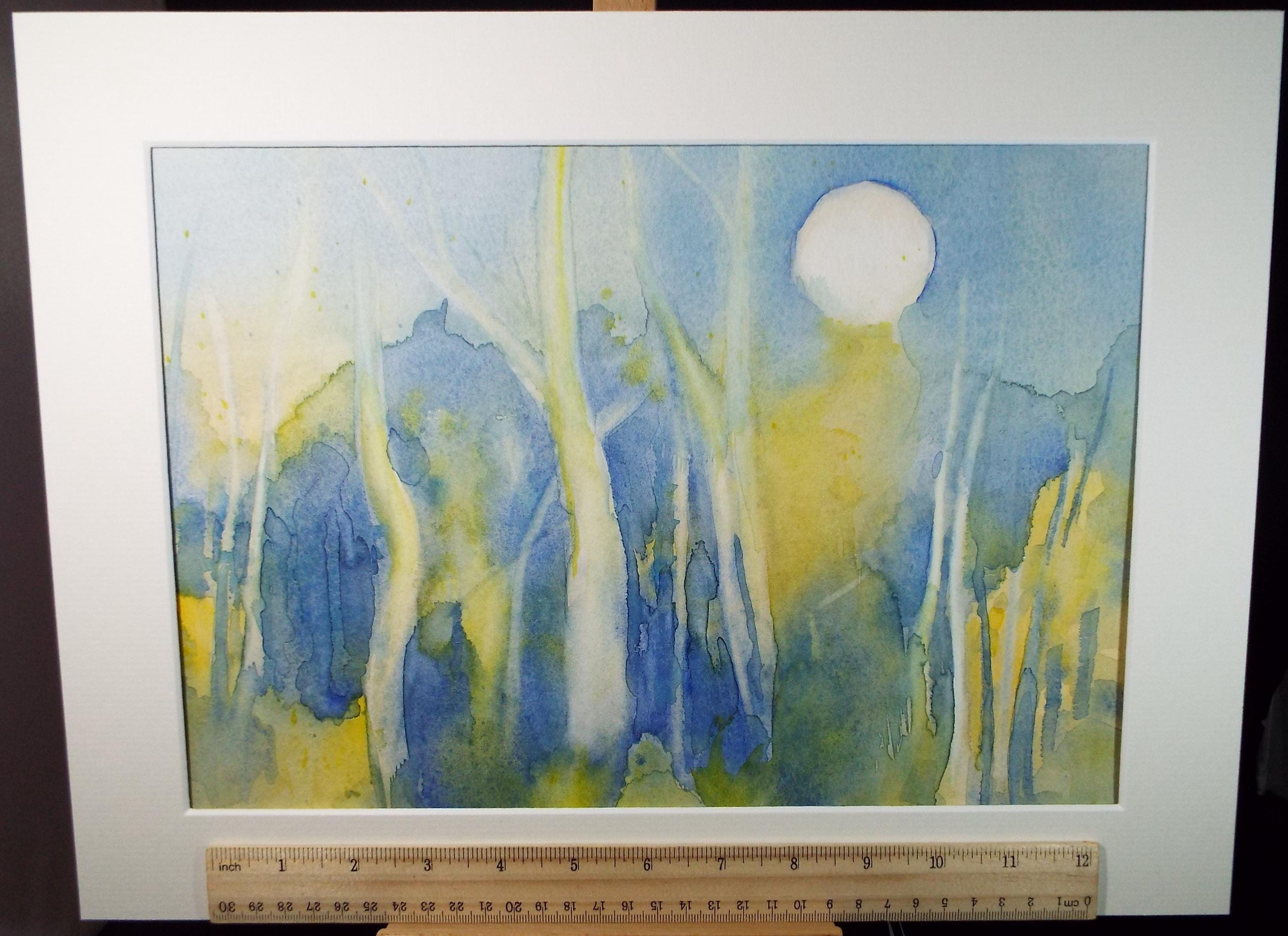 Original Watercolour, 'Moon through woodland', June Bevan, Circa 1990's