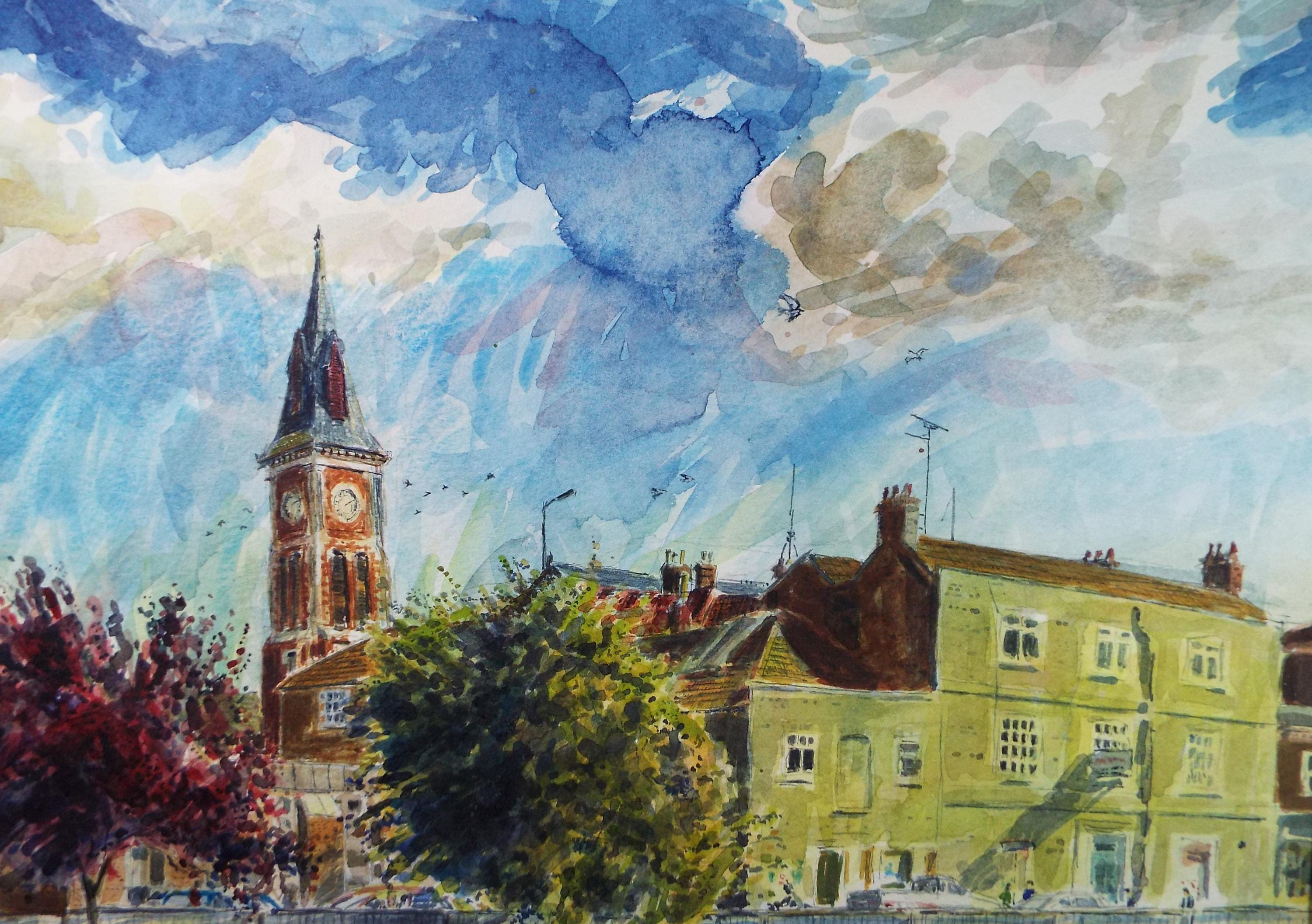 Original Watercolour,'Street scene with Church', Roger Alsop, circa 1980's