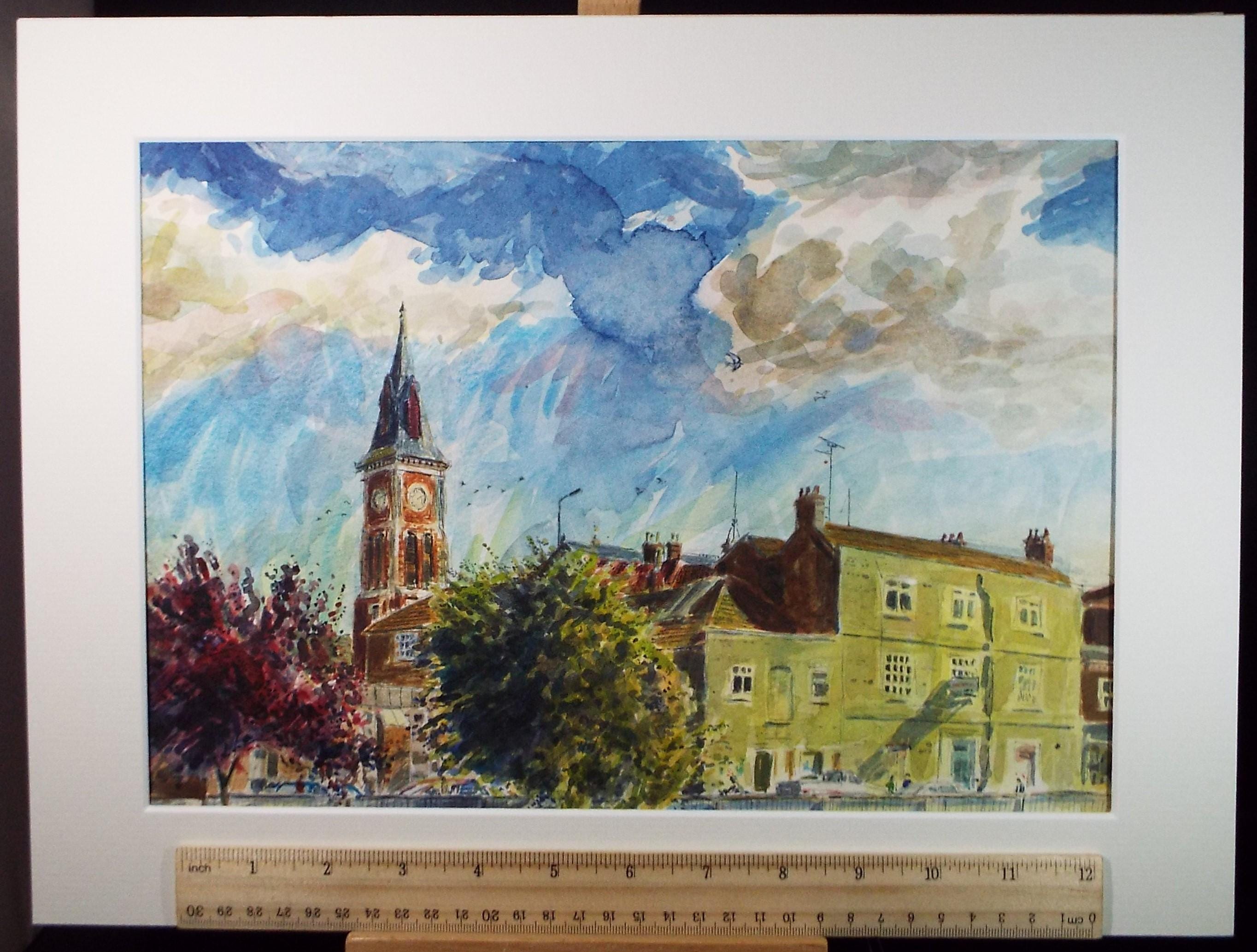 Original Watercolour,'Street scene with Church', Roger Alsop, circa 1980's
