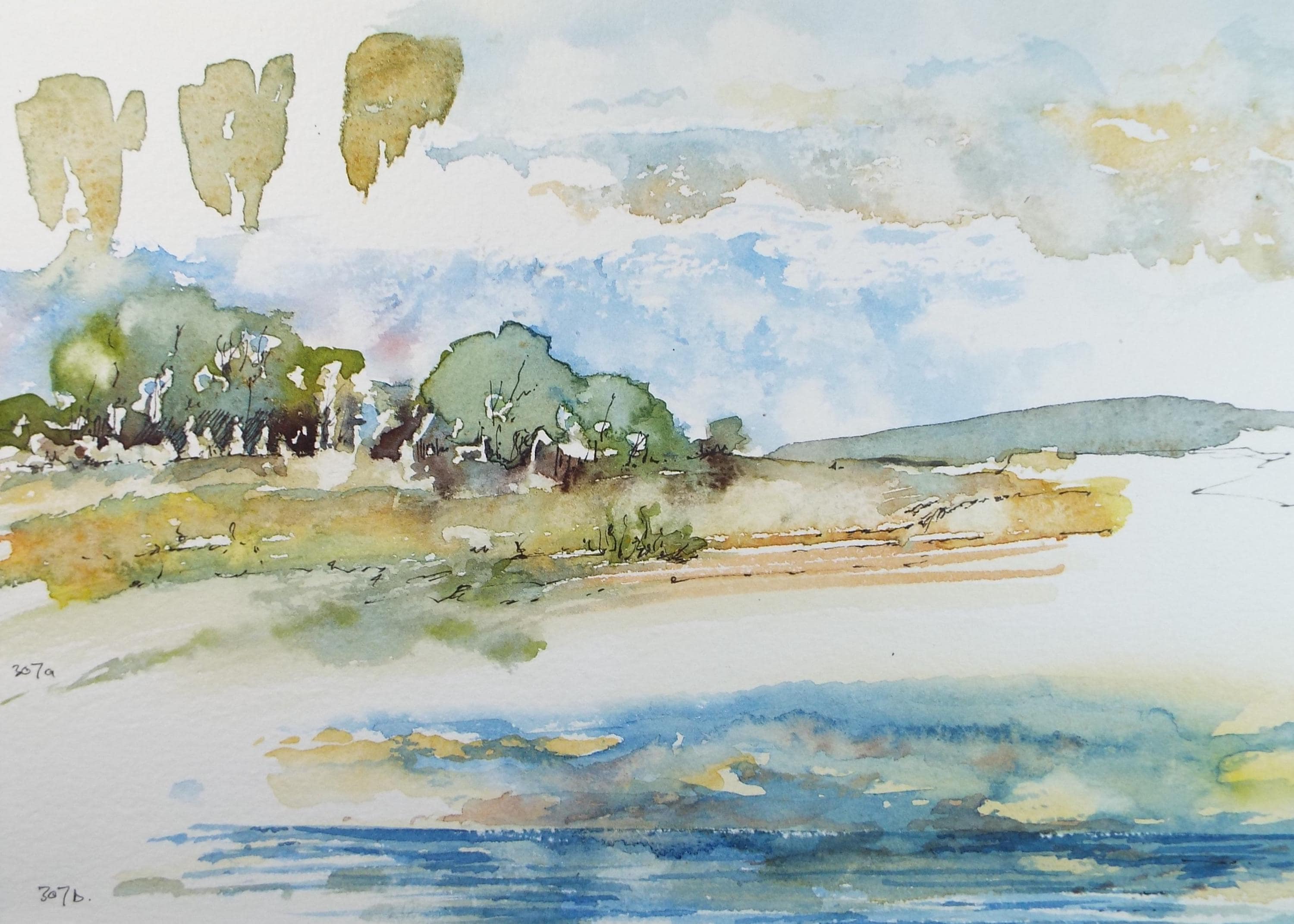 Original Watercolour, 'Landscape and seascape', artist unknown, dated 1986