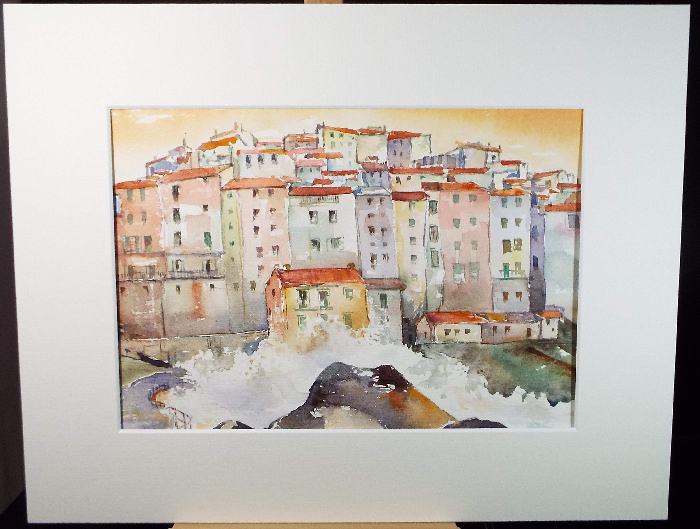 Original Watercolour , 'Coastal Town', June Bevan, c1990's