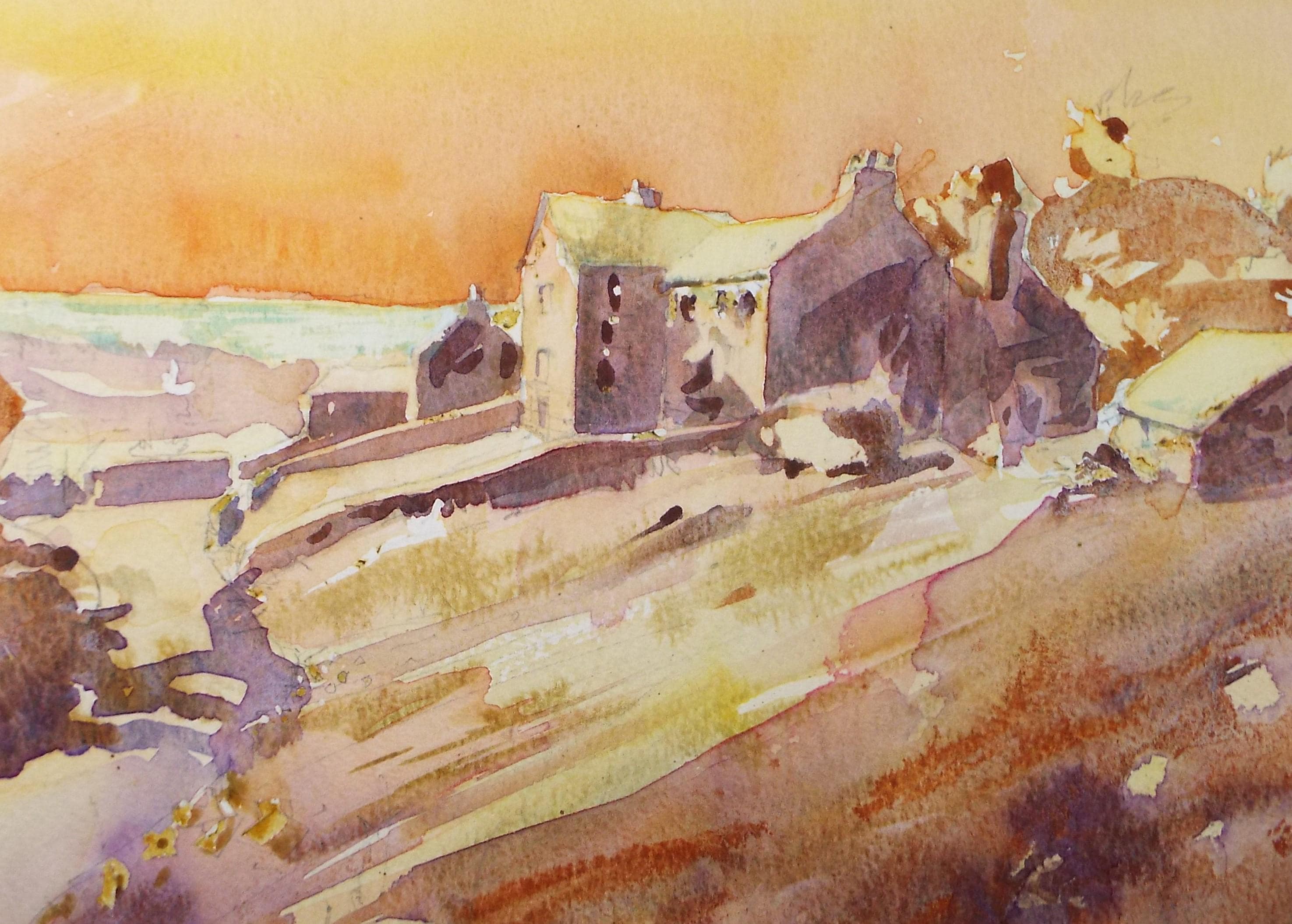 Original Watercolour, 'Landscape at Sunset', June Bevan, c1990's