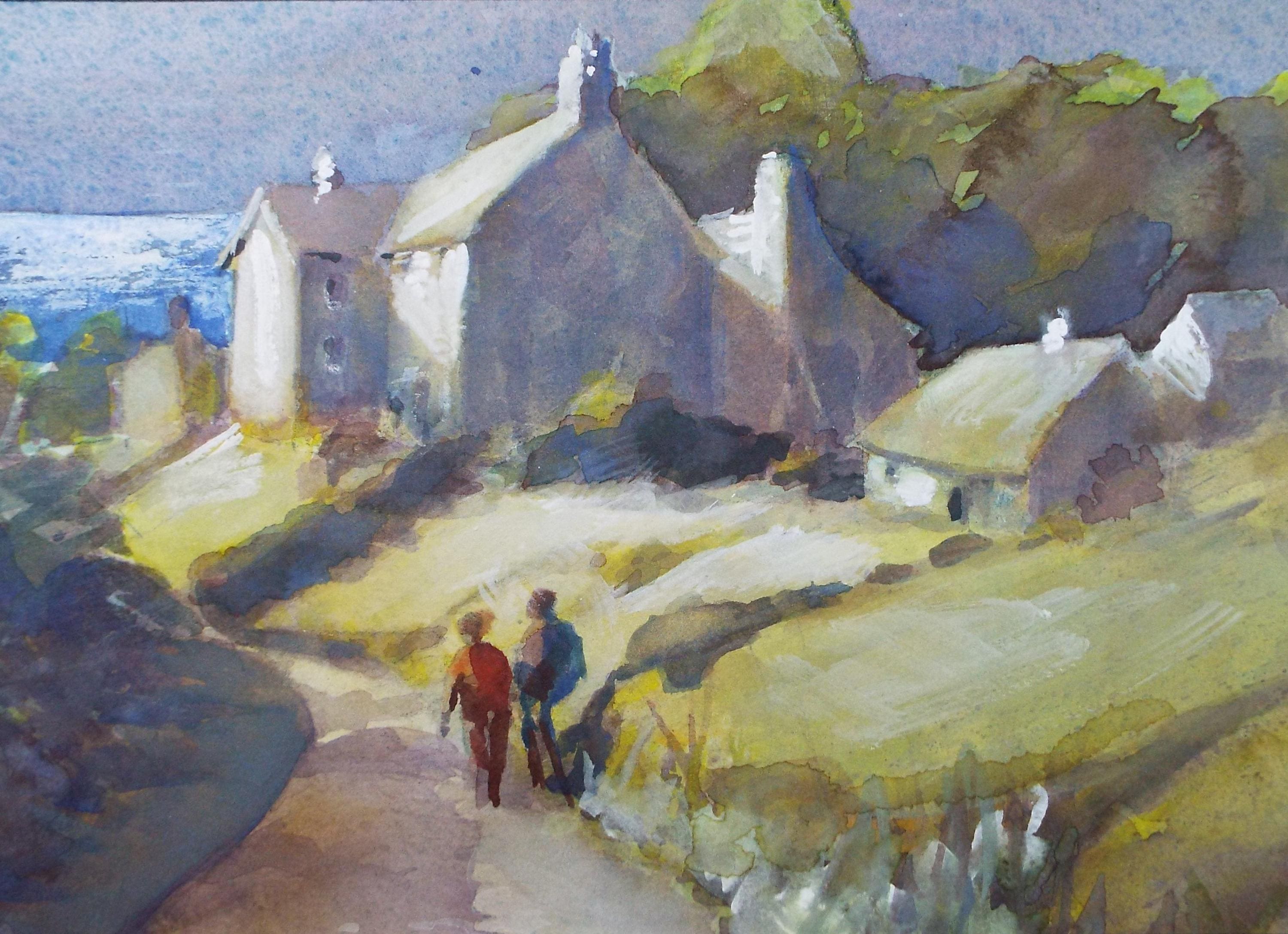 Original Watercolour & Gouache 'Figures in a lane', June Bevan, c1990's