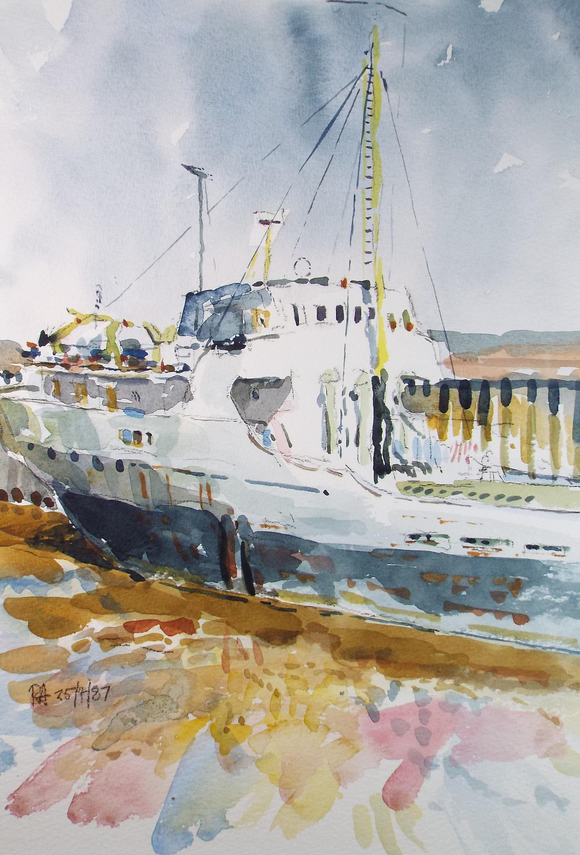 Original Watercolour,'Freighter', Roger Alsop, dated 1987