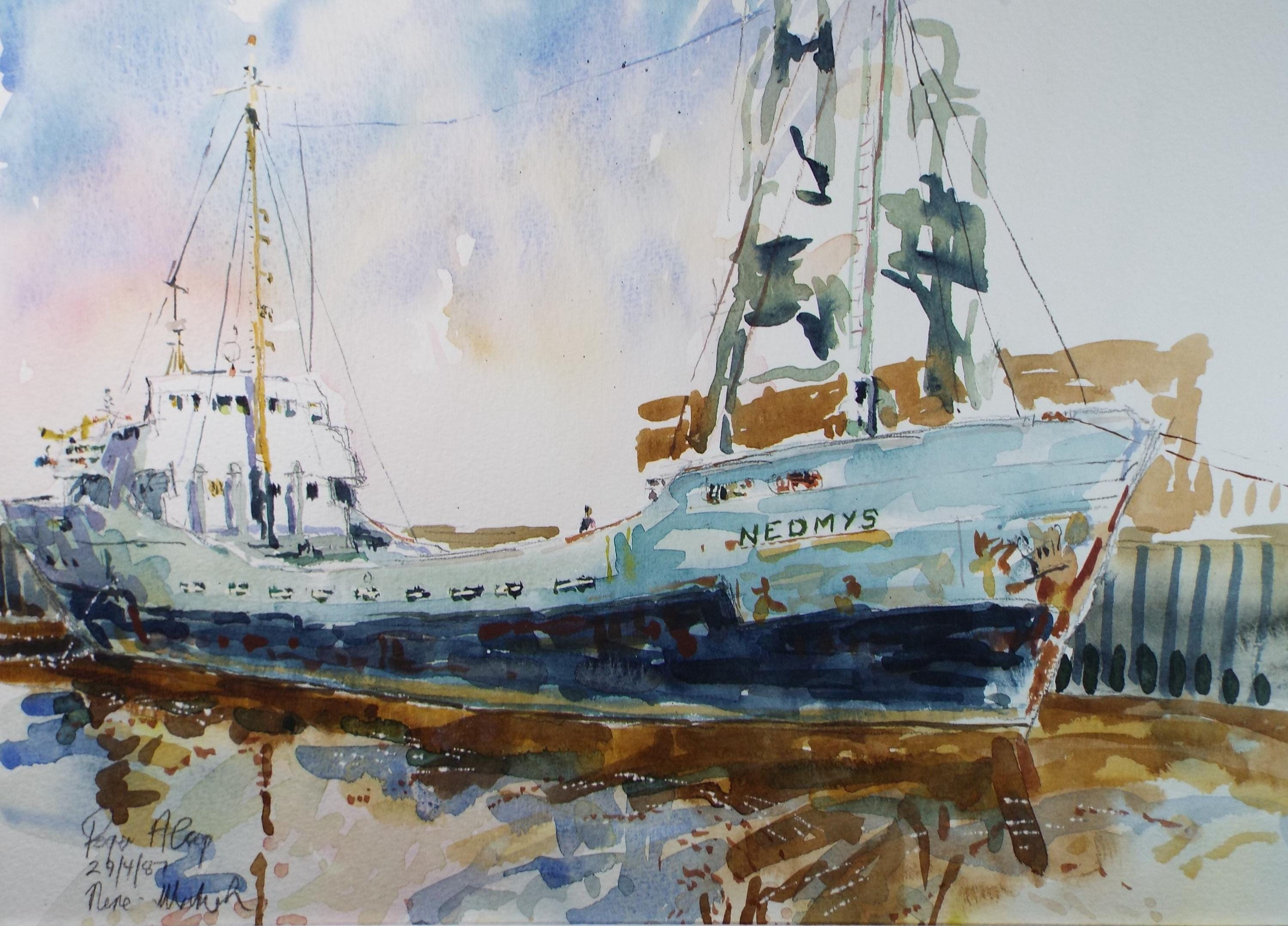Original Watercolour,'Freighter Nedmys', Roger Alsop, dated 1987
