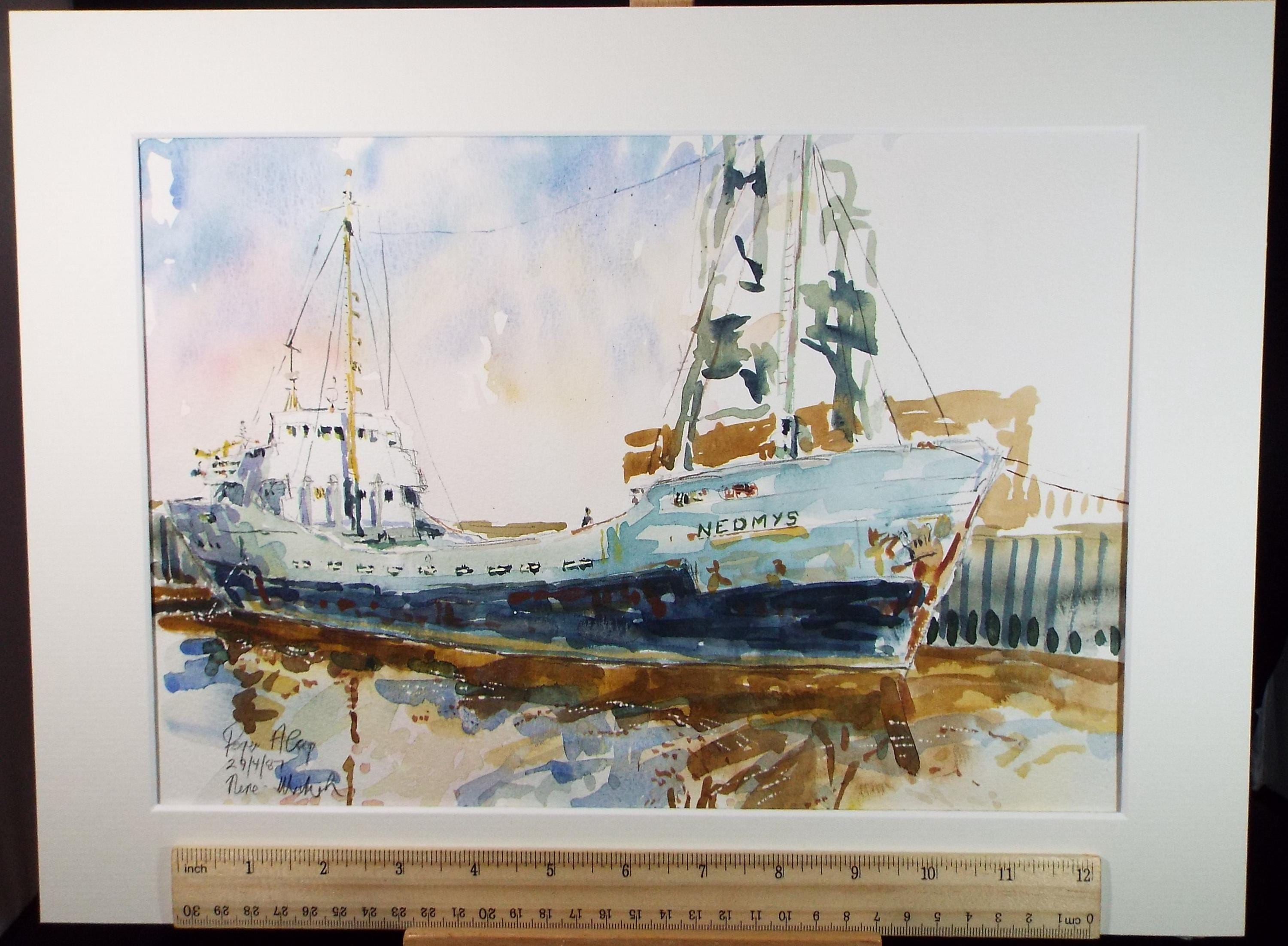 Original Watercolour,'Freighter Nedmys', Roger Alsop, dated 1987