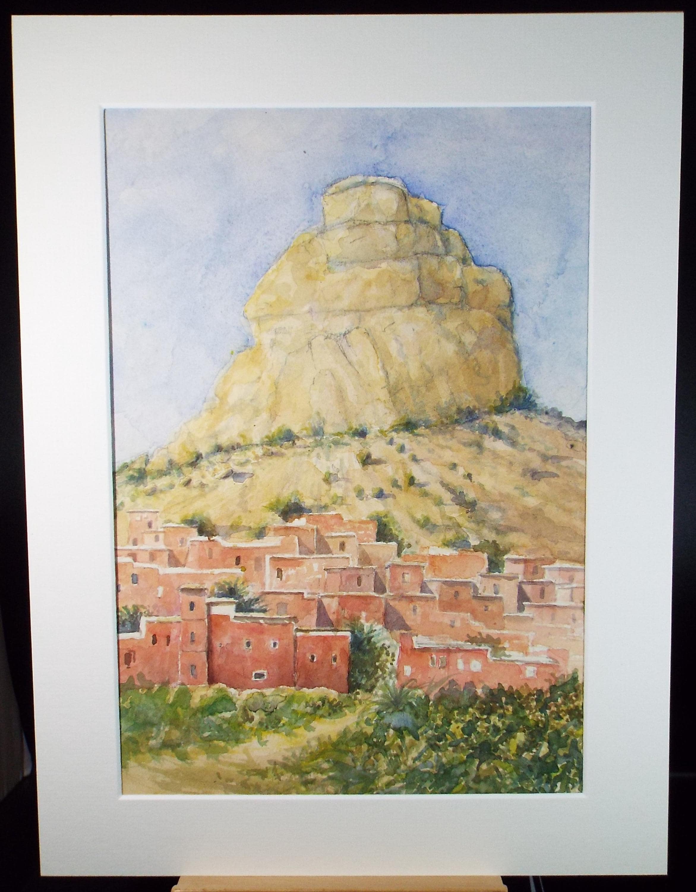 Original Watercolour,' Village below the rock tower', circa 1980's