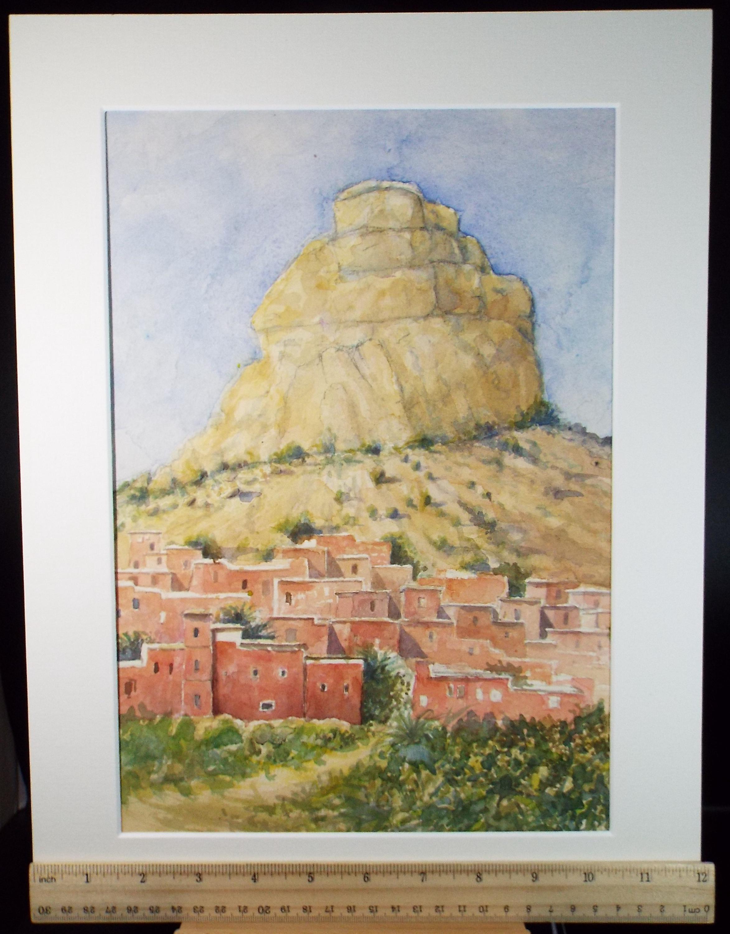 Original Watercolour,' Village below the rock tower', circa 1980's