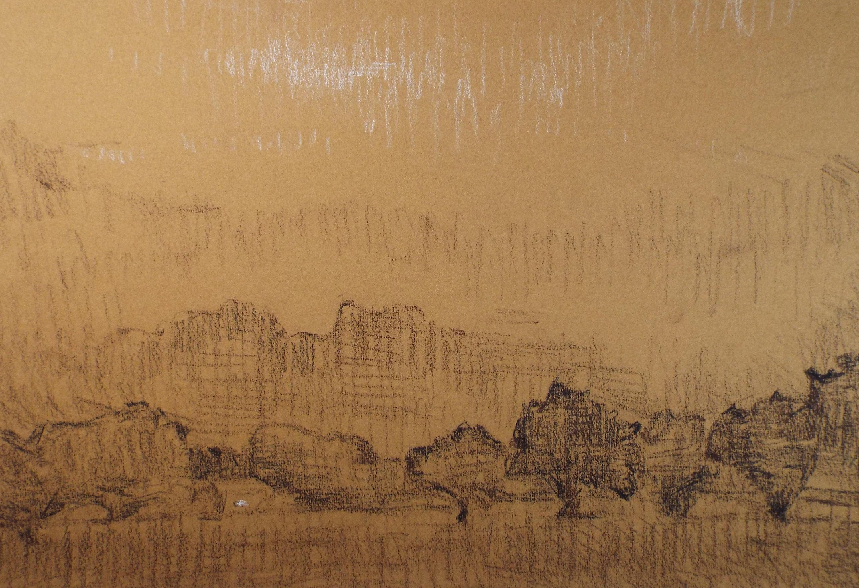 Original Pastel 'Landscape with trees', c1990, Mariota Bosanquet 1923 -2022