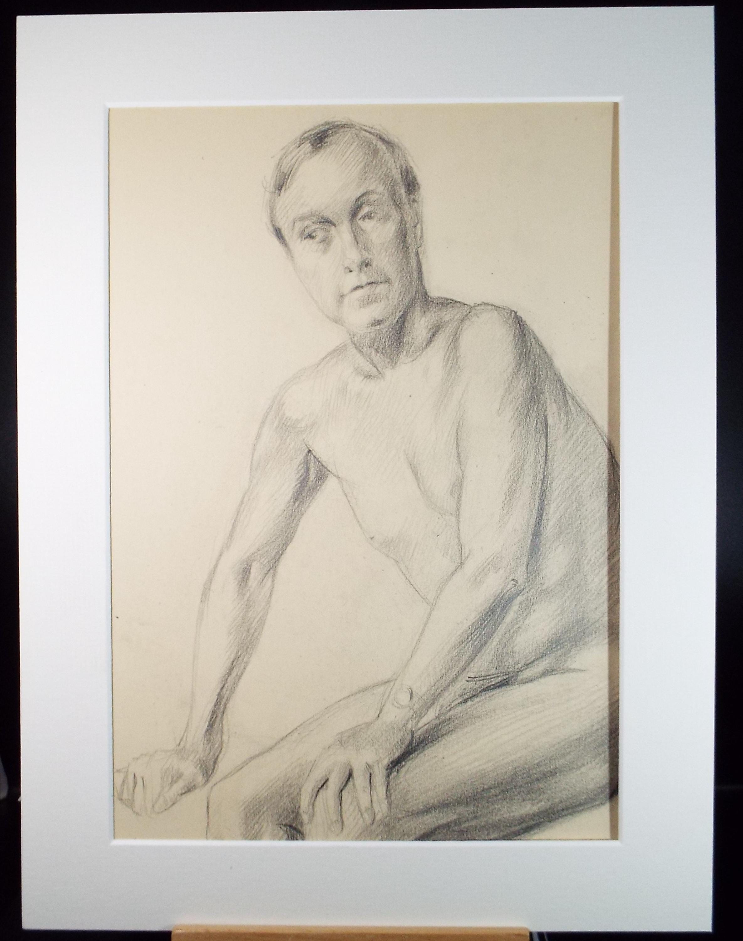 Pencil drawing 'Seated Male Nude', c1940s, Katherine Rose Edmead 1894-1976