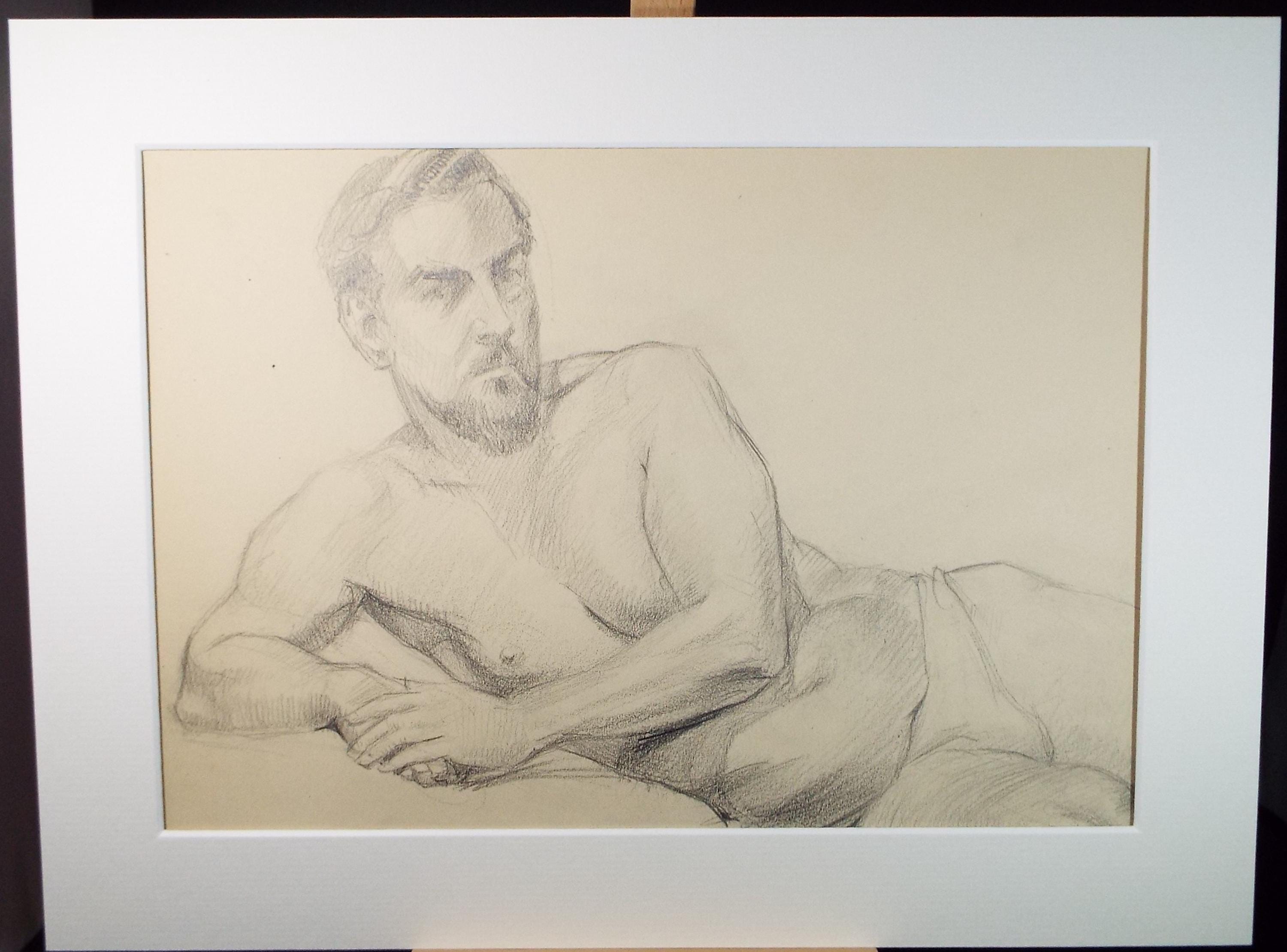 Pencil drawing 'Reclining Male Nude', c1940s, Katherine Rose Edmead 1894-1976