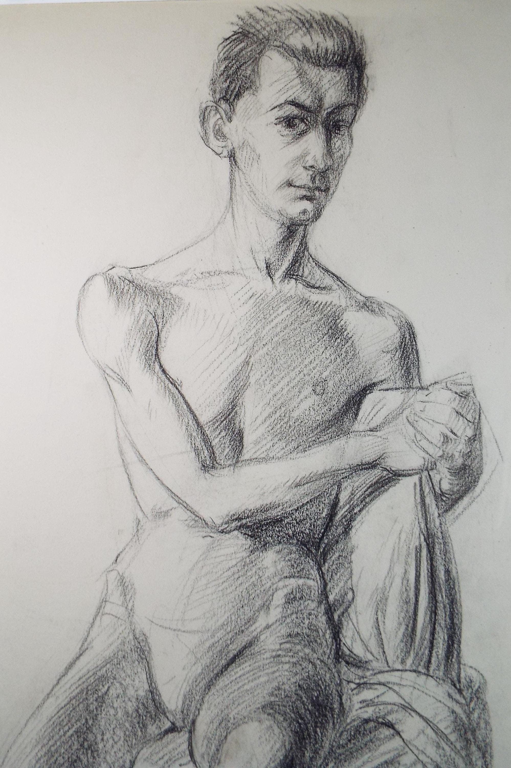 Pencil drawing 'Seated Male Nude', c1940s, Katherine Rose Edmead 1894-1976